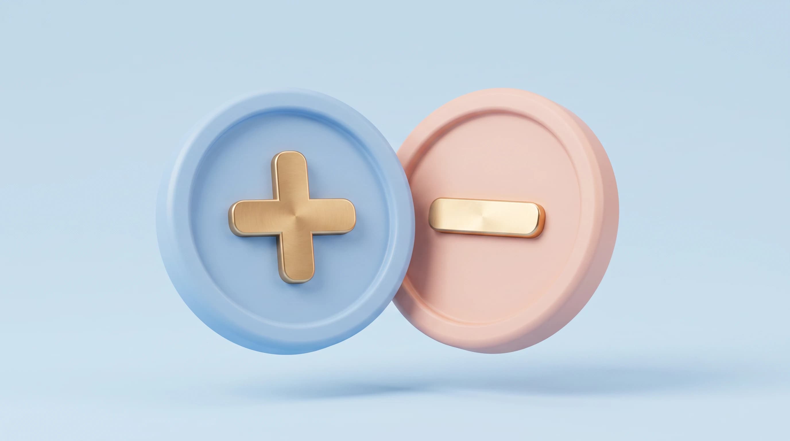 Two contrasting coins overlapping side by side, one embossed with a plus shape and one with a minus shape, floating in a balanced pair