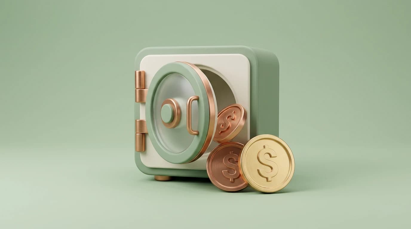 A small vault with its door slightly open, a stack of dollar coins beside it and one coin tilting into the opening, arranged as a calm triangular cluster