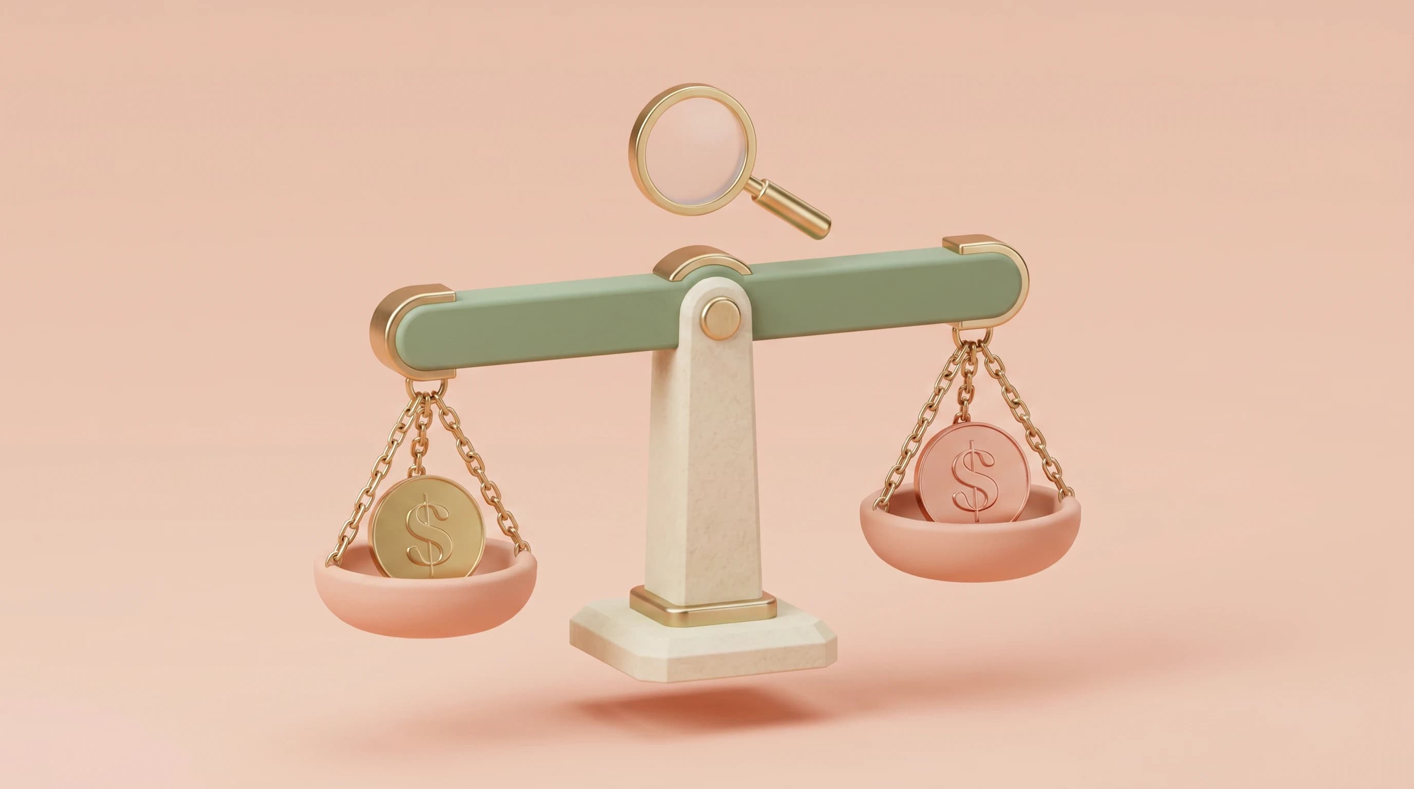 A balance scale holding one coin on each pan, both pans resting perfectly level, a small magnifying glass hovering just above the beam