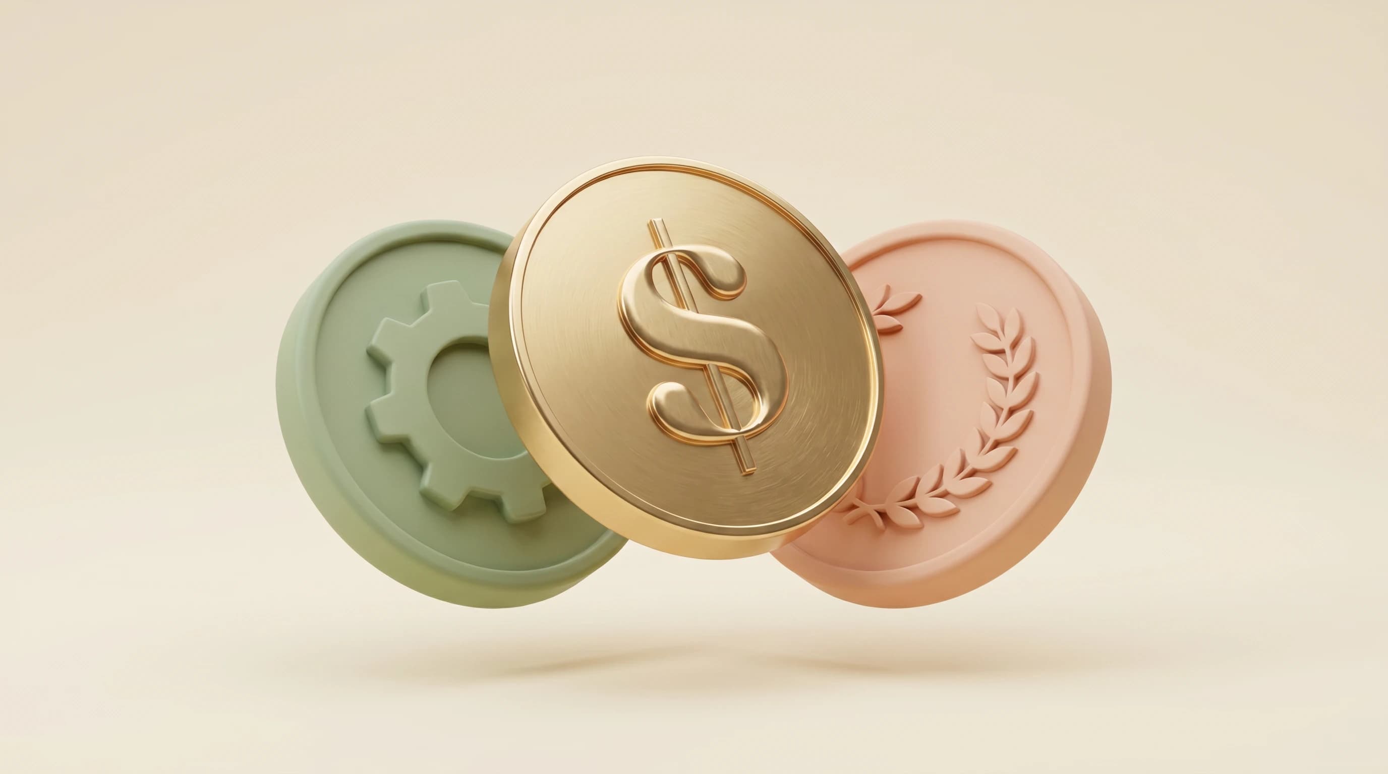 Three overlapping coins fanned in a shallow triangular cluster, each embossed with a different symbolic relief, one coin tilting forward to face the viewer