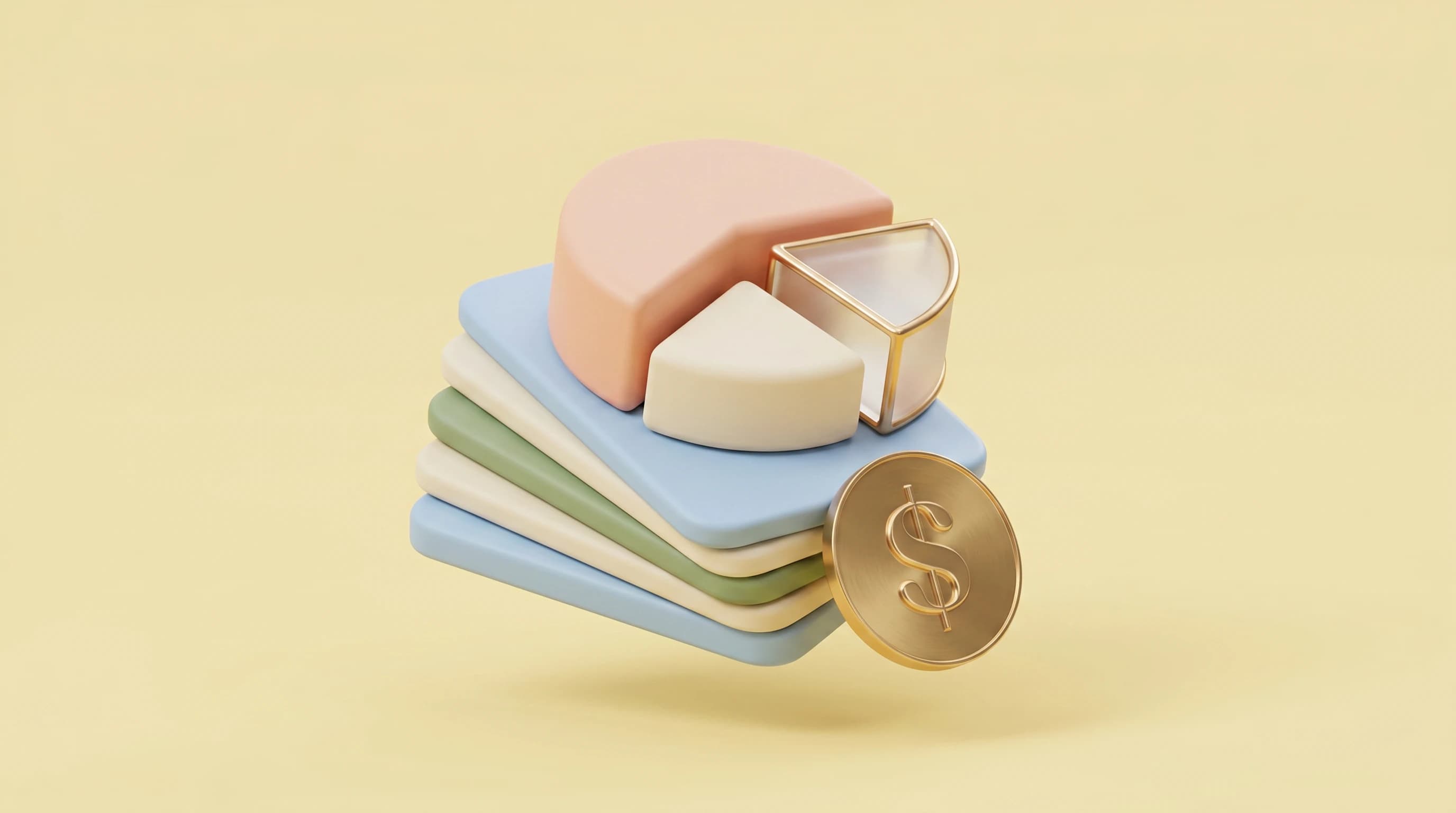 A short stack of rounded player-card tiles fanned in a slight arc, a chunky pie chart resting on top, one dollar coin leaning against the base.