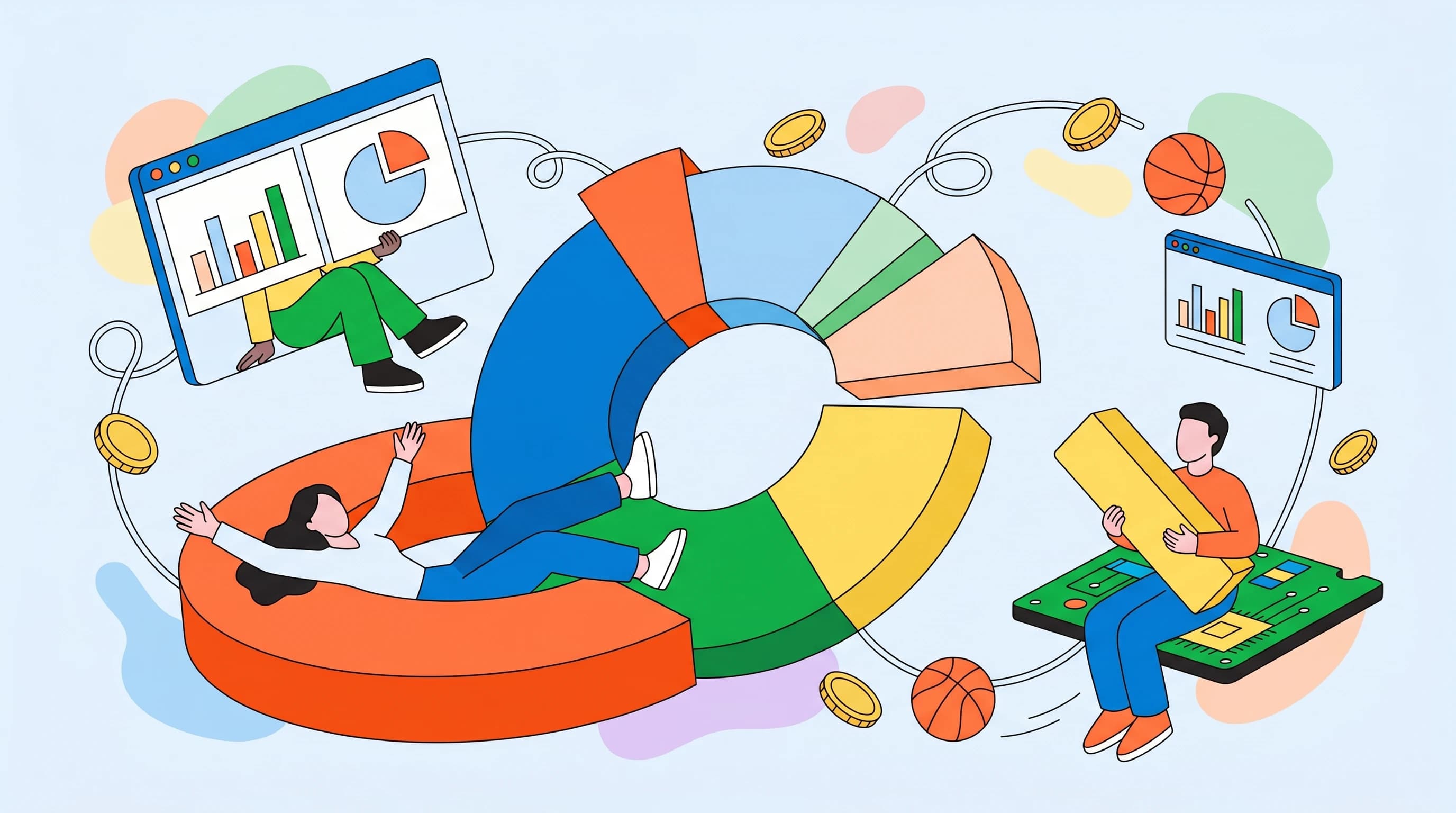 Flat editorial illustration of figures peeling apart a pie chart into clean slices, representing removing the vig from betting odds.