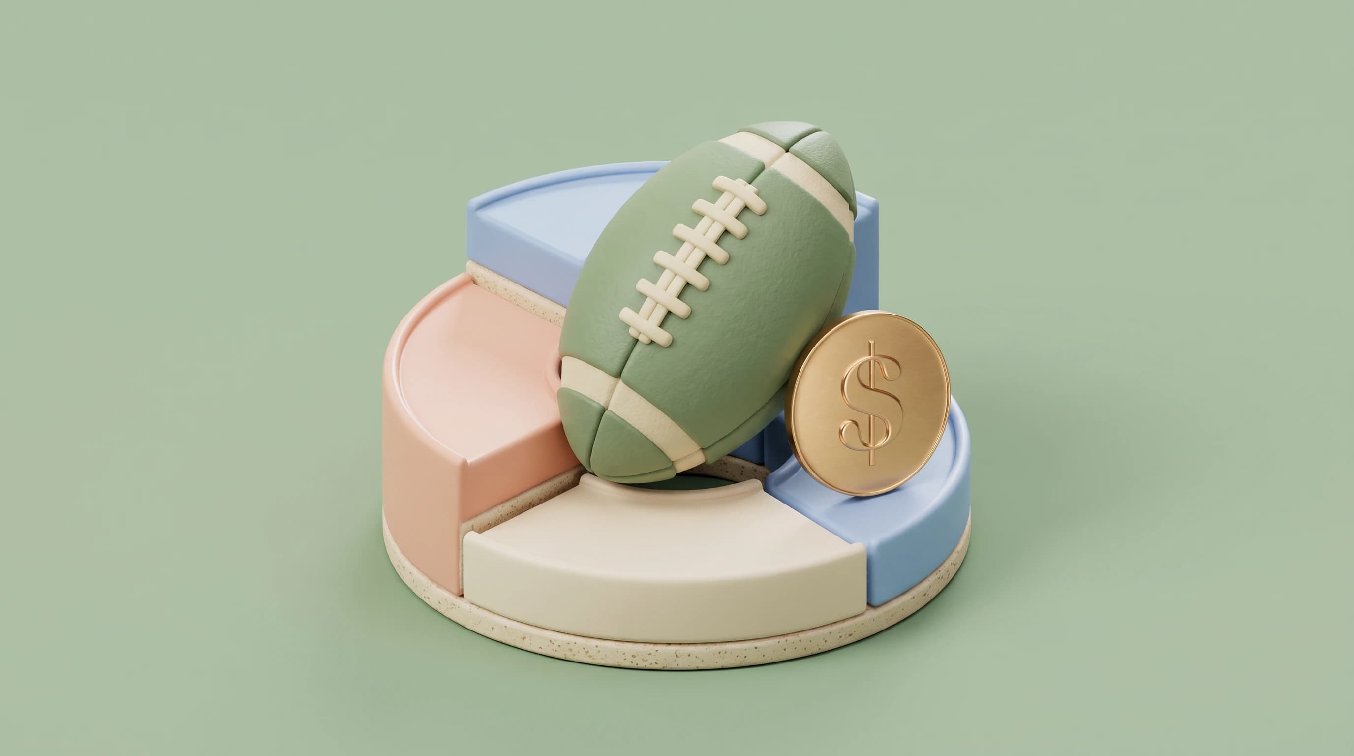 A 3D American football resting on a chunky pie chart beside a gold dollar coin, for Fantasy 2.0