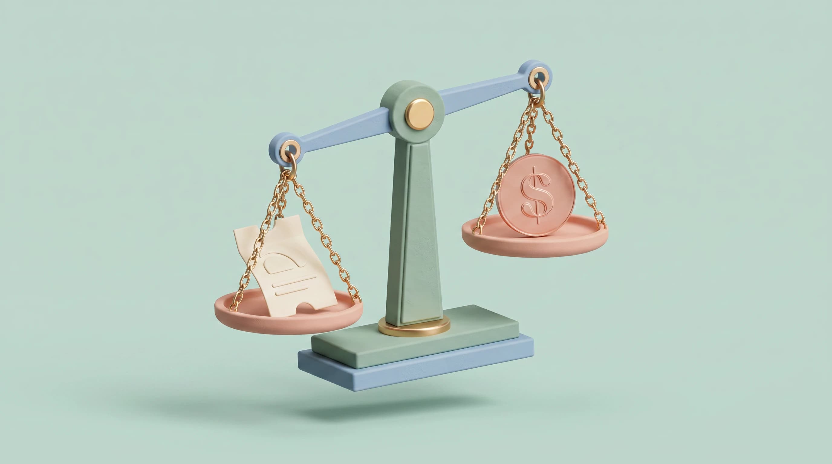 A balance scale with a betting ticket on one pan and a single dollar coin on the other, the pans tilting slightly off level