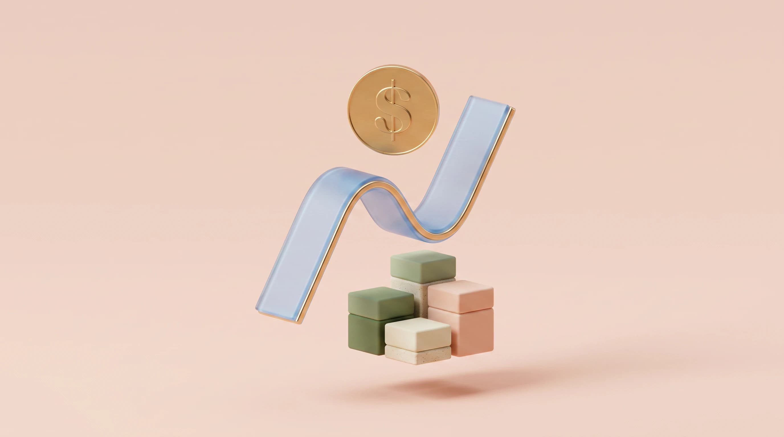 A curling line-graph ribbon rising toward a single coin, four small stacked bar blocks of different heights arranged beneath in a balanced triangular cluster