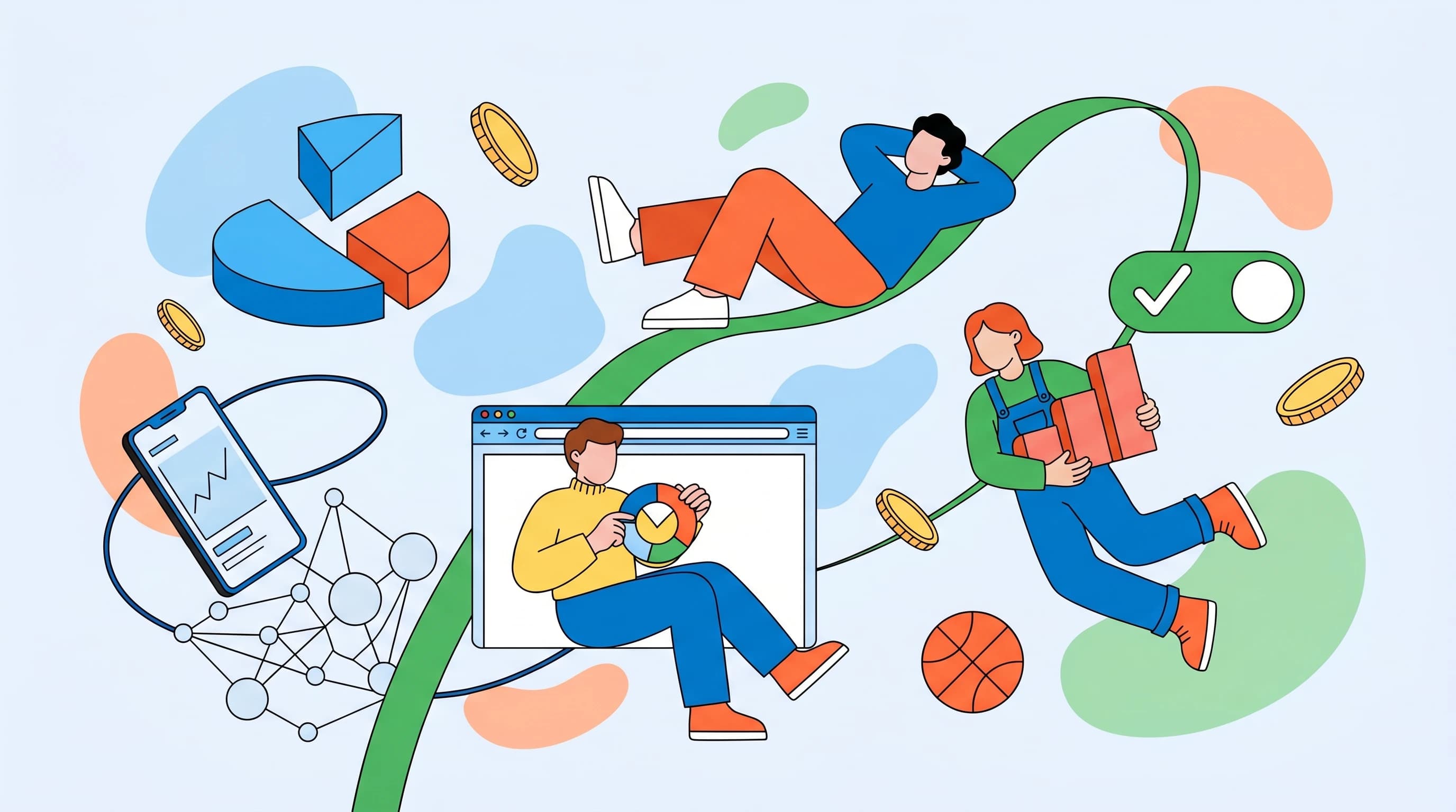 Flat editorial illustration of figures around a rising graph passing chart pieces toward a checkmark, representing converting bet-and-get promotions.