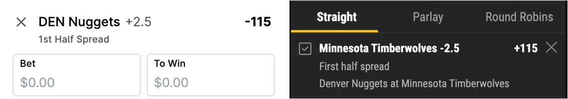 Example of matching betslips at two sportsbooks