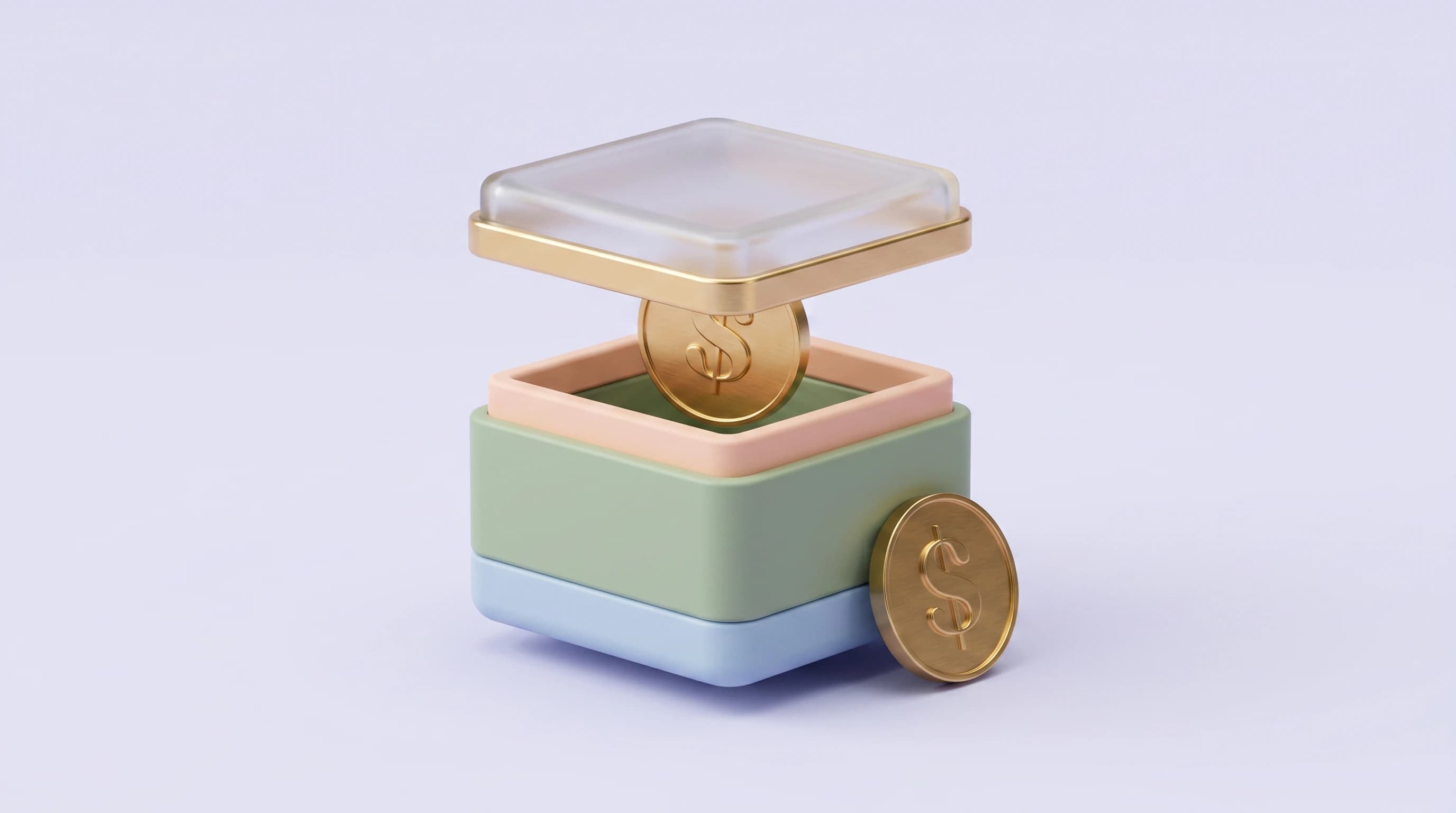 A gift box with its lid lifting to reveal a dollar coin rising out, a second coin tucked beside the base