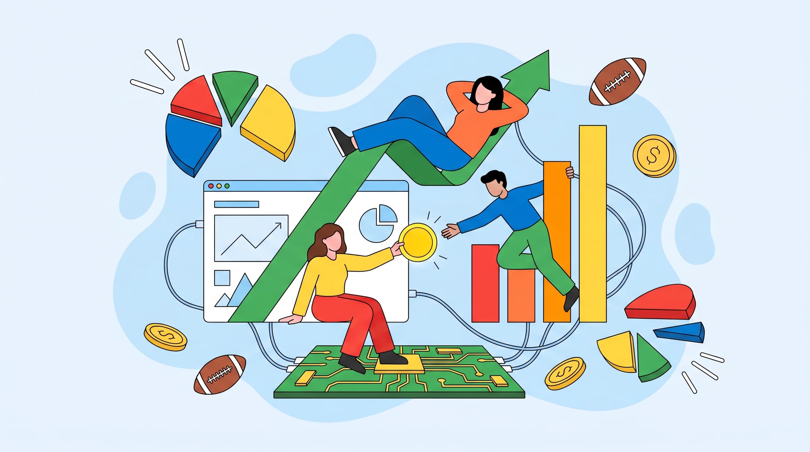Flat editorial illustration of figures passing a token across a rising chart, representing converting no-sweat bet promotions.