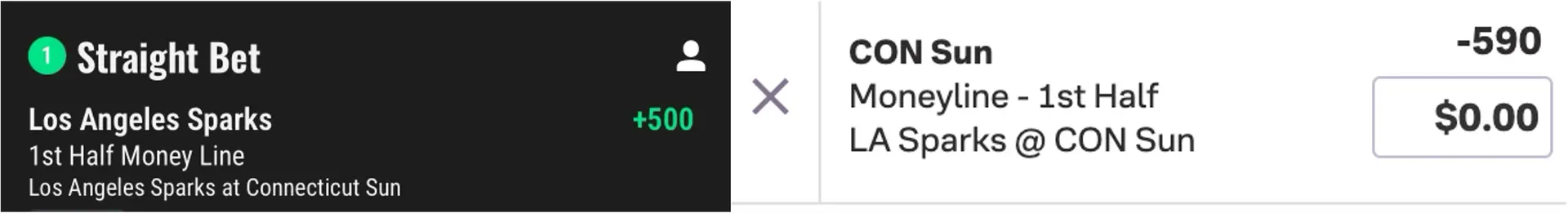 Example of matching betslips at two sportsbooks