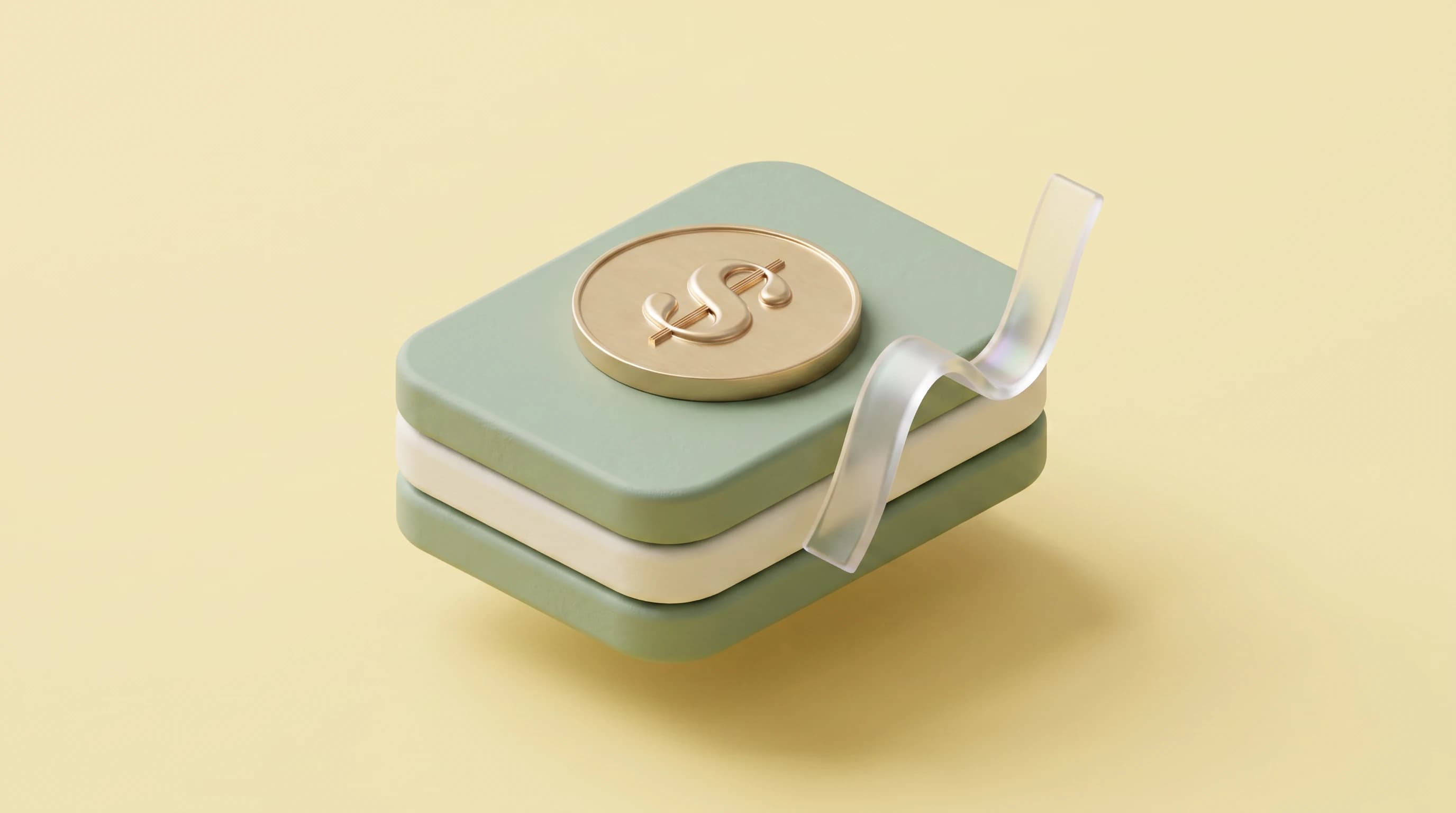 A short stack of rounded ledger cards with a single dollar coin resting on top and a small curling line-graph ribbon rising beside them