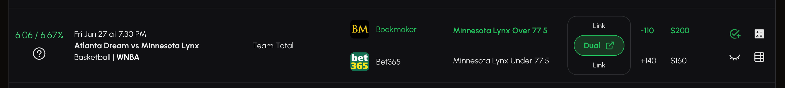 A detailed view of a matched arbitrage bet on SmartStake.