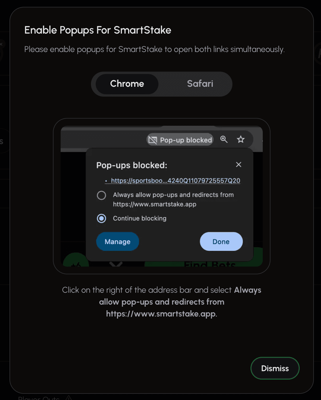 A browser notification asking to allow pop-ups for the SmartStake website.