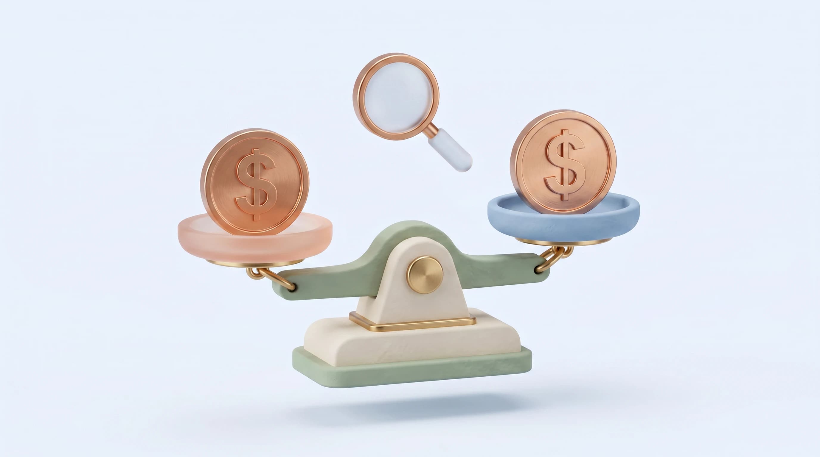 A balance scale with two coins on its level pans and a small magnifying glass hovering above, arranged in a calm triangular cluster