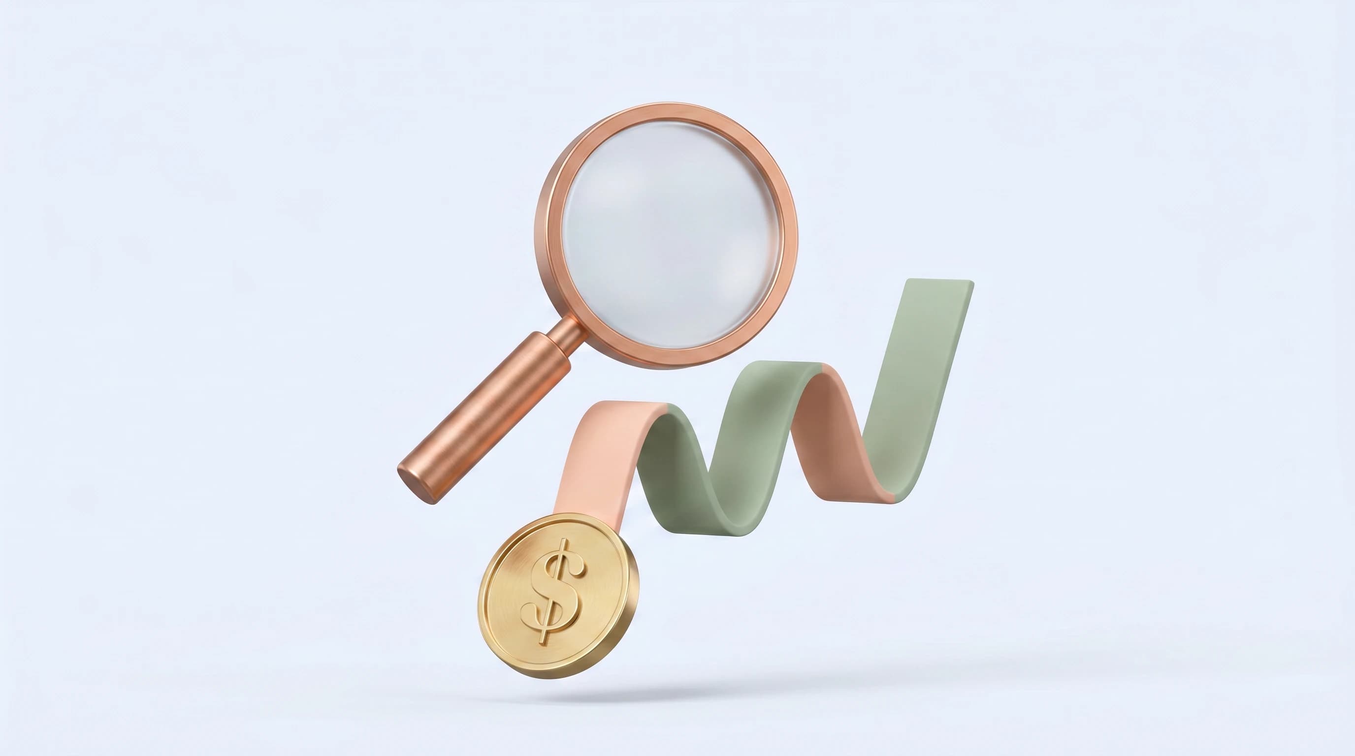A magnifying glass hovering over a curling line-graph ribbon that rises from a single dollar coin, the three pieces arranged in a balanced triangular cluster