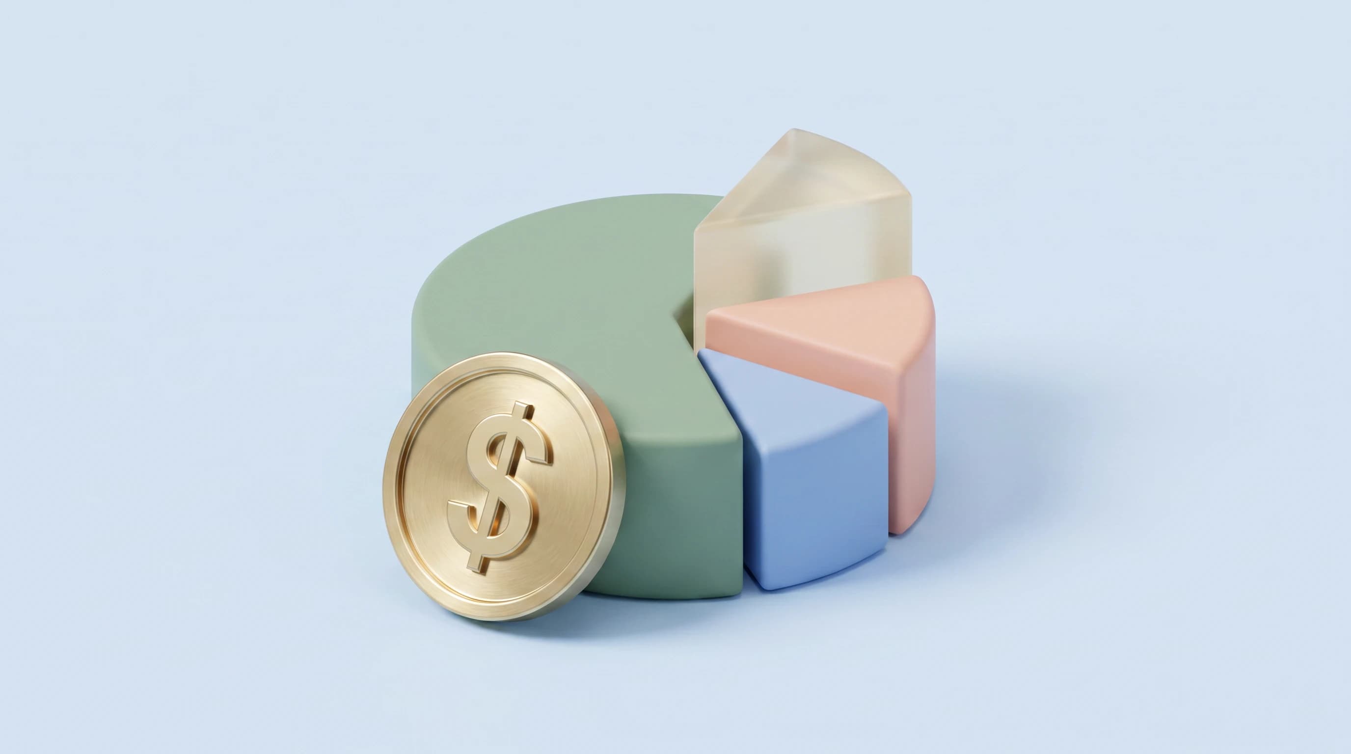 A chunky 3D pie chart with one wedge tilting outward, a single embossed dollar coin leaning against its base in a calm triangular grouping