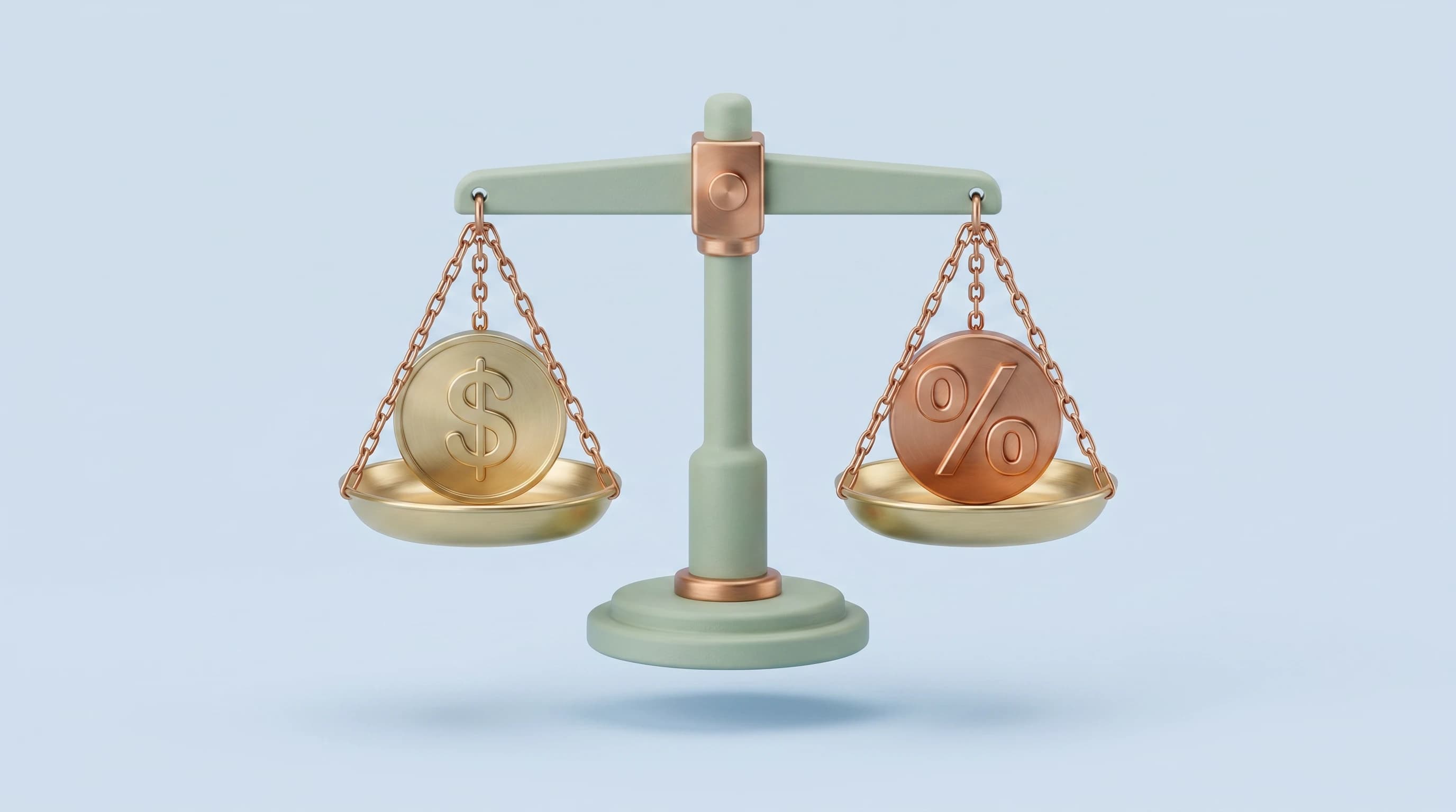 A balance scale with a single embossed dollar coin on one pan and a chunky percent-marked coin on the other, the two pans resting level.