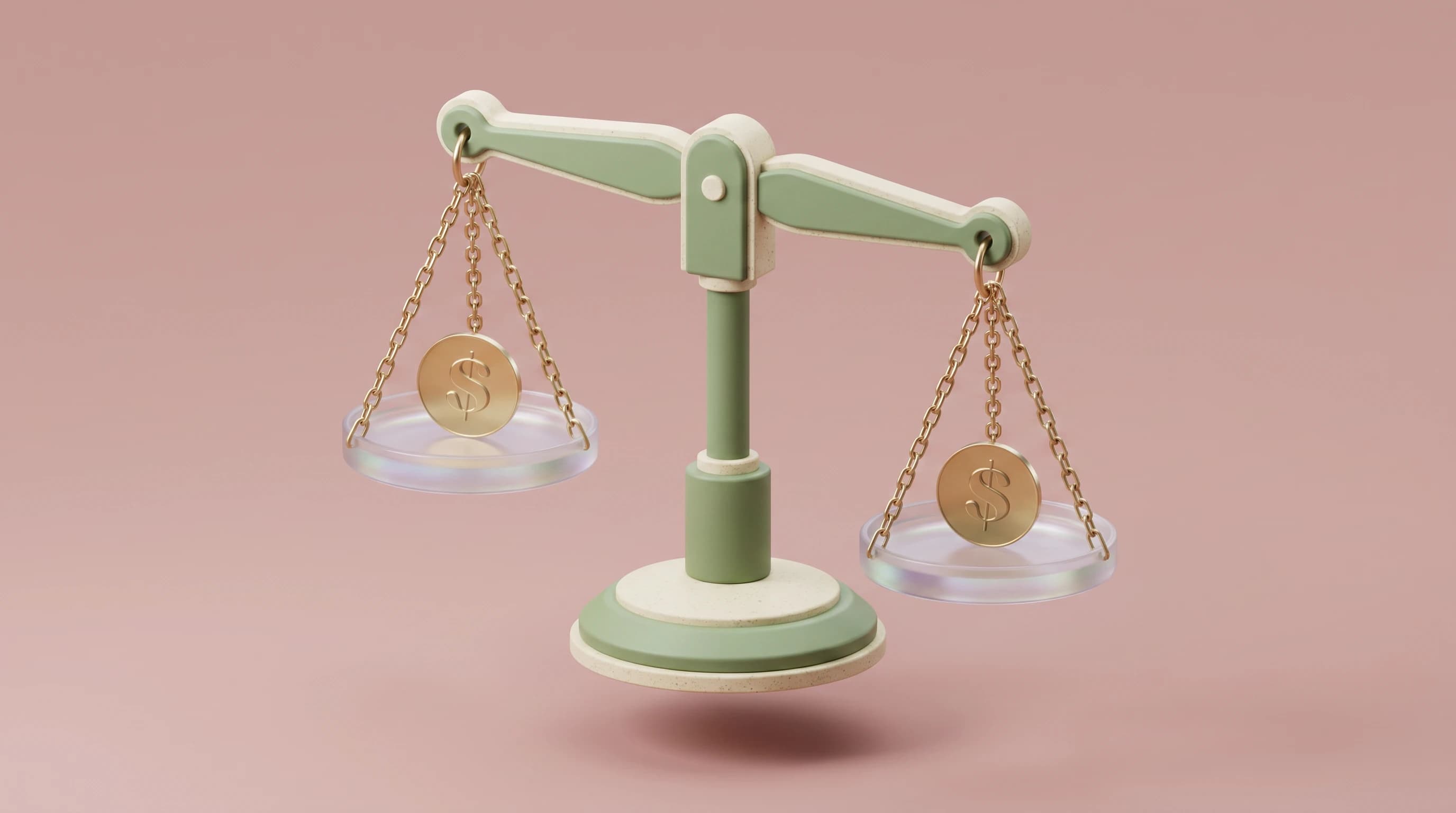 A balance scale with a coin resting on each pan, one pan dipping slightly lower than the other, held in weightless equilibrium