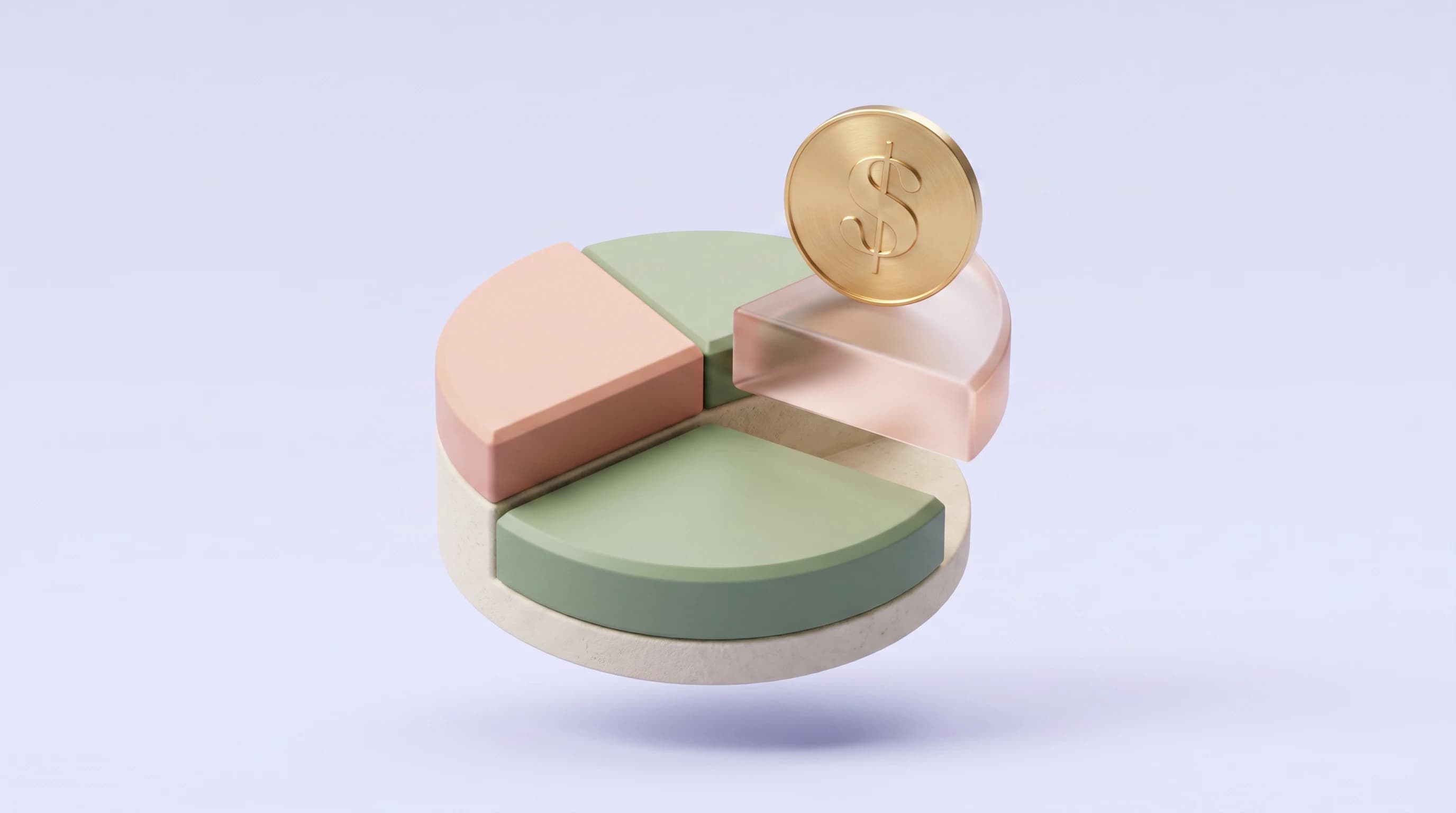 A slender wedge slice lifting away from a chunky 3D pie chart, one dollar coin balanced upright on the smaller wedge