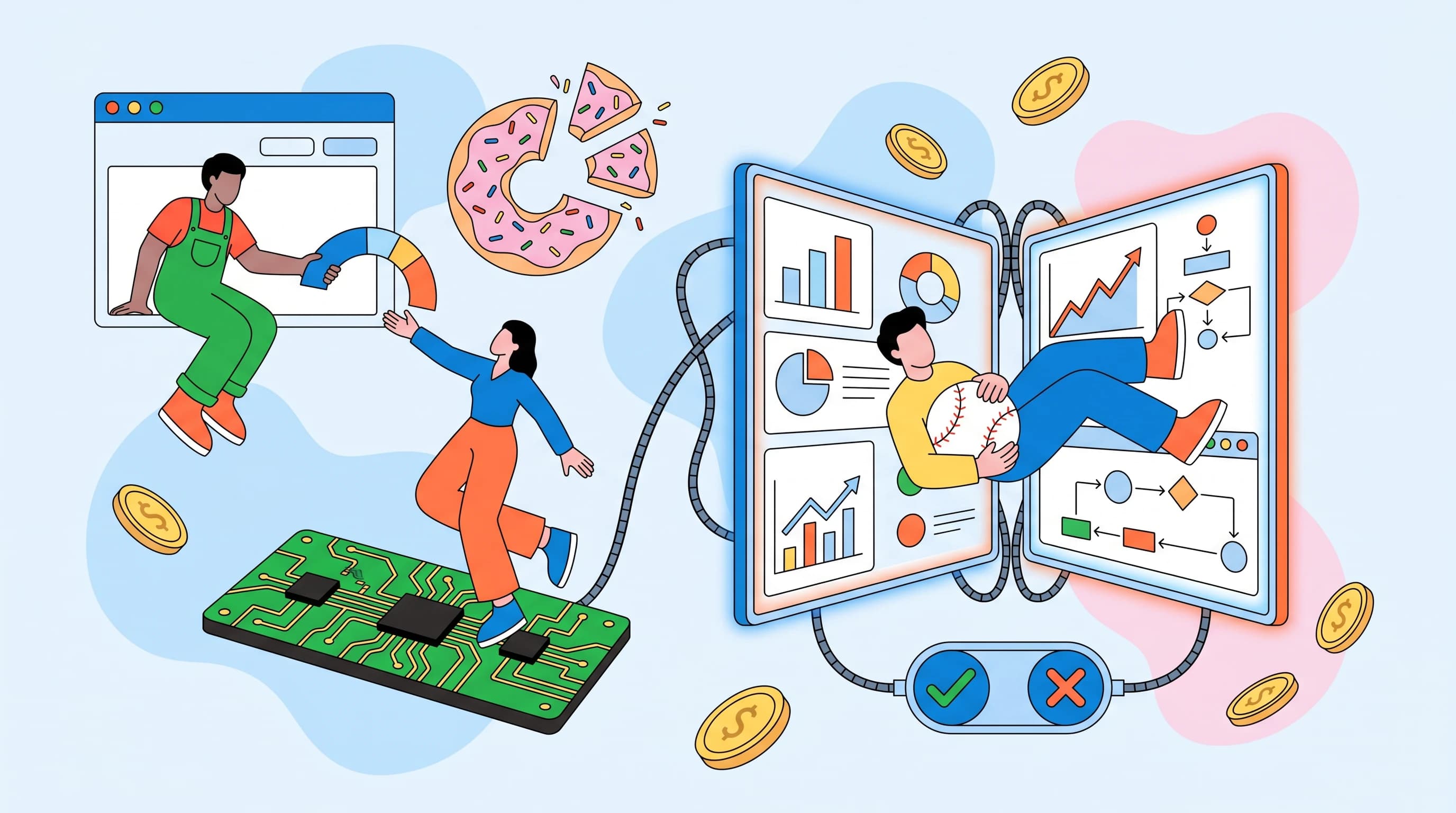Flat editorial illustration of a figure cradling a baseball amid balanced panels and charts, representing MLB betting risk.