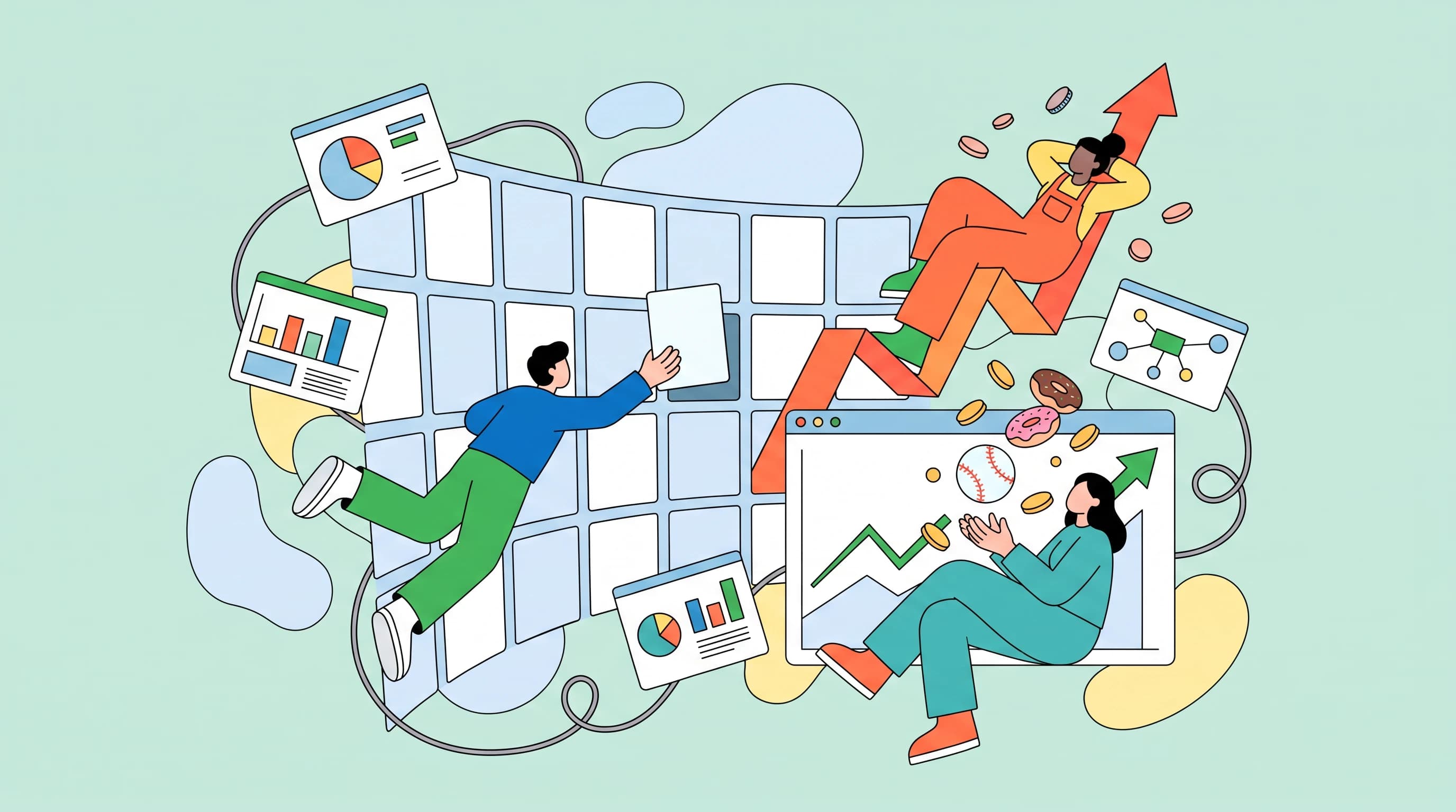 A central curved grid-wall of blank baseball-card tiles wraps in perspective, one figure reaching deep into it to slide a fresh tile into a slot; another reclines along a ribbon graph spiking sharply upward; a third sits inside an open browser window cradling a floating baseball, exploded donut slices, tilted panels, coins and looping wires threading the drifting cluster over soft negative-space blobs.