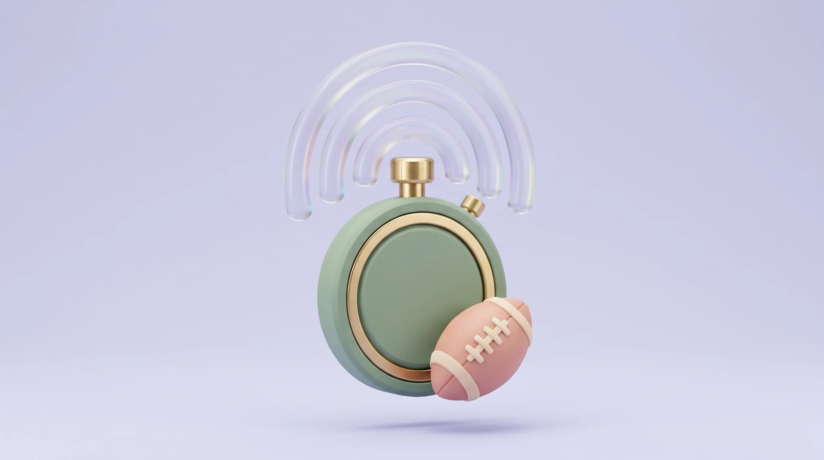 A 3D green stopwatch with broadcast signal waves rising from its crown and an American football resting against it, for live betting