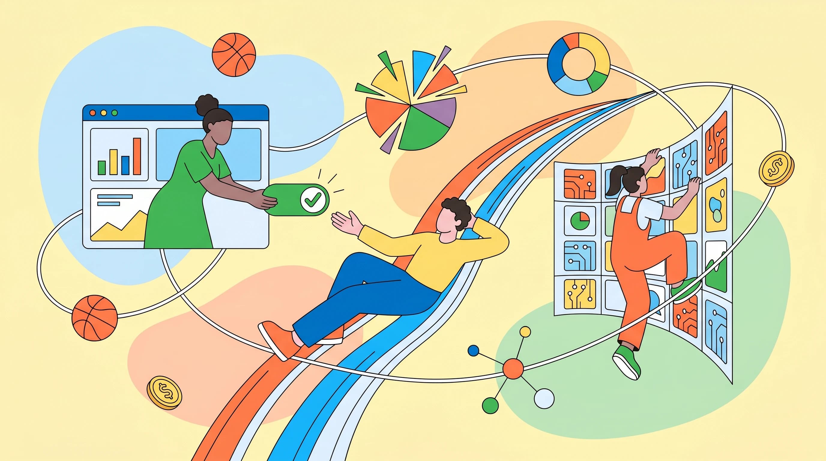 One figure reclines along a central upward-arcing line ribbon that splits into two parallel comparison tracks, another sits inside an open browser window leaning out to hand a glowing checkmark toggle across a gap, a third climbs a curved grid-wall of card tiles; a bursting pie, donut and node diagram orbit on looping wires, basketballs and coins drifting through soft negative-space blobs.
