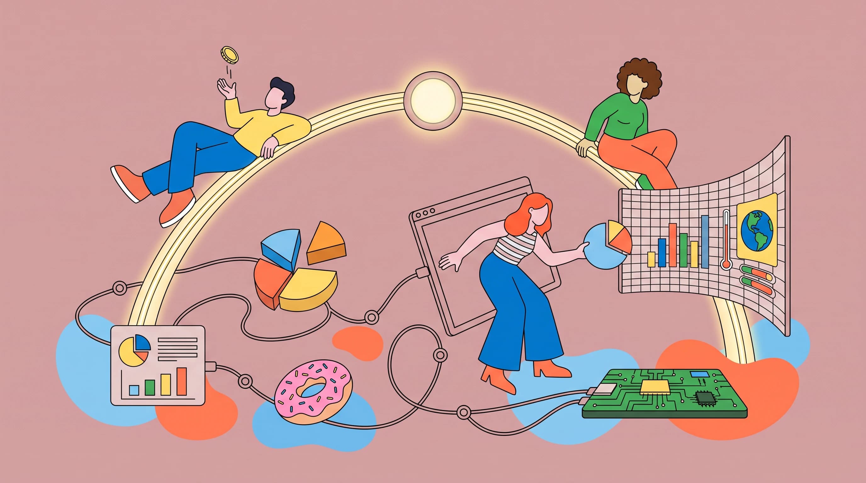 A central line-ribbon splits into two arcing halves meeting at a glowing node, one figure reclining along the left curve tossing a coin, another perched on the right; a third leans out of a tilted browser window handing a chart-slice across the gap toward a curved grid-wall, bursting pie slices, a donut and circuit-board platform drifting on looping wires over soft blobs.