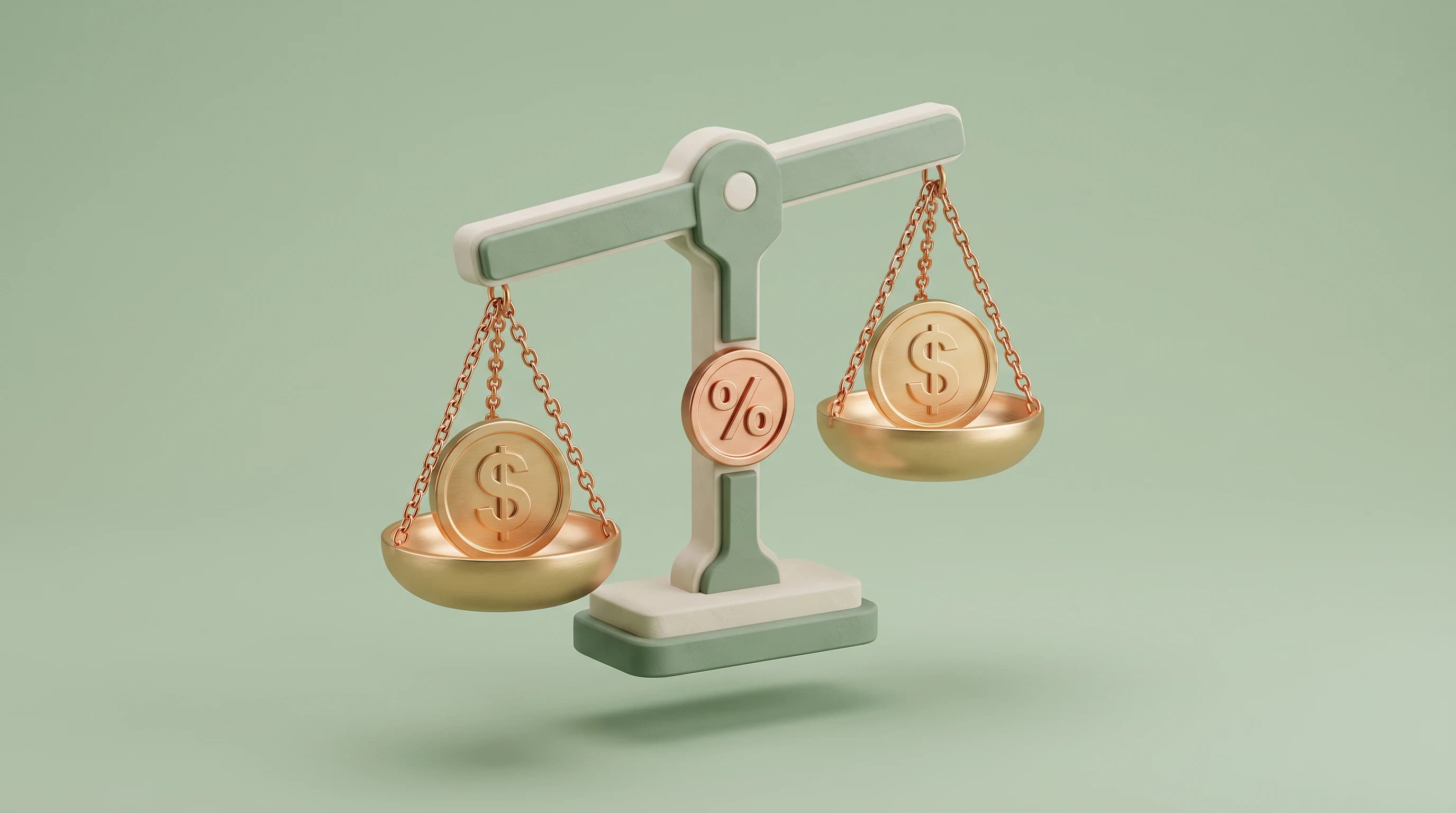 A balance scale holding one dollar coin on each pan, one pan dipping slightly lower than the other, a small percent-marked coin floating between them