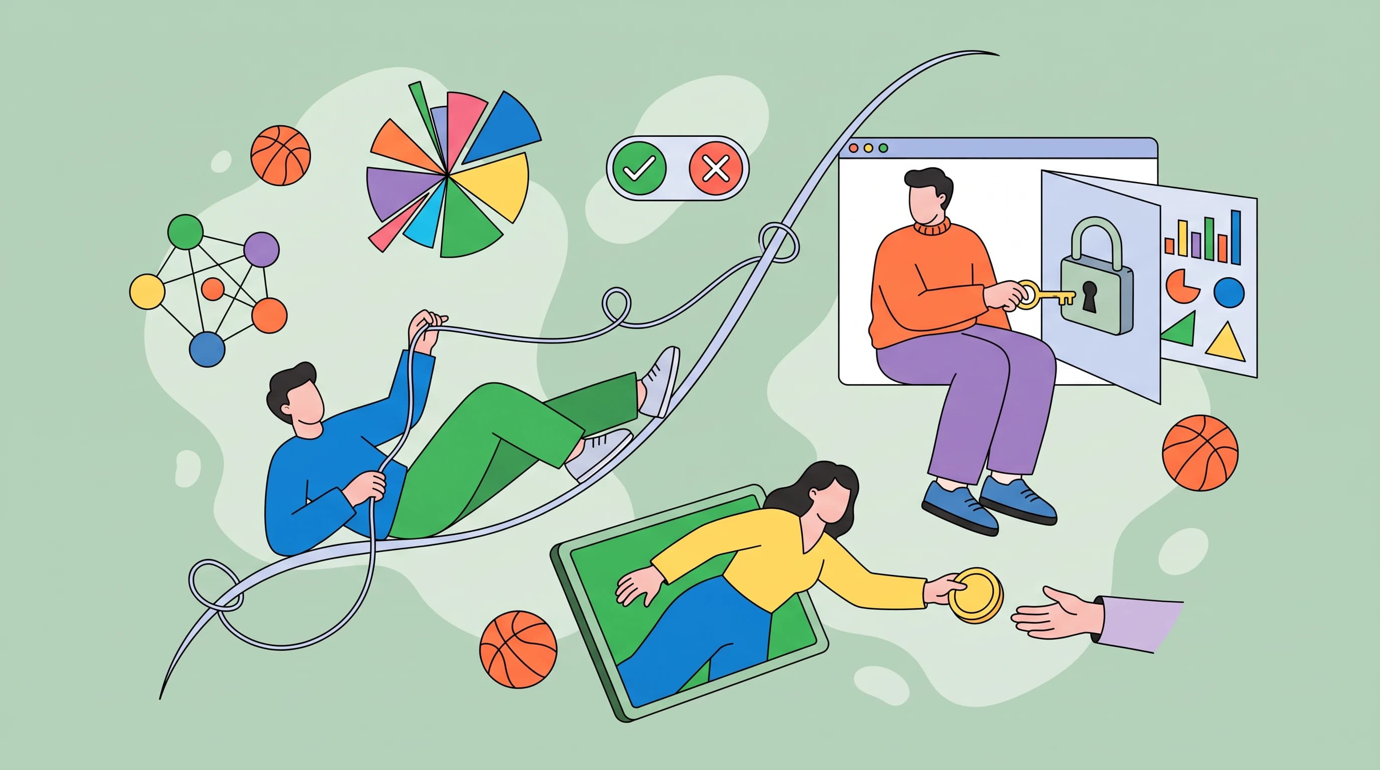 A central line-ribbon arcs steeply upward while one figure reclines along its curve threading a wire, a second sits inside an open browser window unlocking a padlocked panel that swings free, a third leans out of a tilted screen handing a coin across a gap; a burst pie chart, a node cluster, a checkmark-cross toggle, and drifting basketballs orbit over soft blobs.