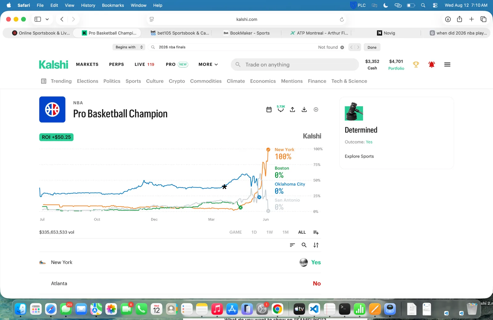 A Kalshi Pro Basketball Champion market chart tracking each team price line over a full season, mostly flat and gradual before a sharp move at the end when the title is decided.