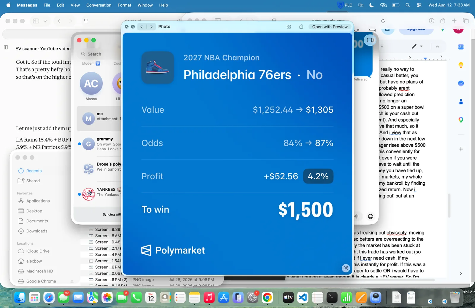 A Polymarket position card for the 2027 NBA Champion market, Philadelphia 76ers No side, odds moving from 84 percent to 87 percent for a 4.2 percent paper profit.