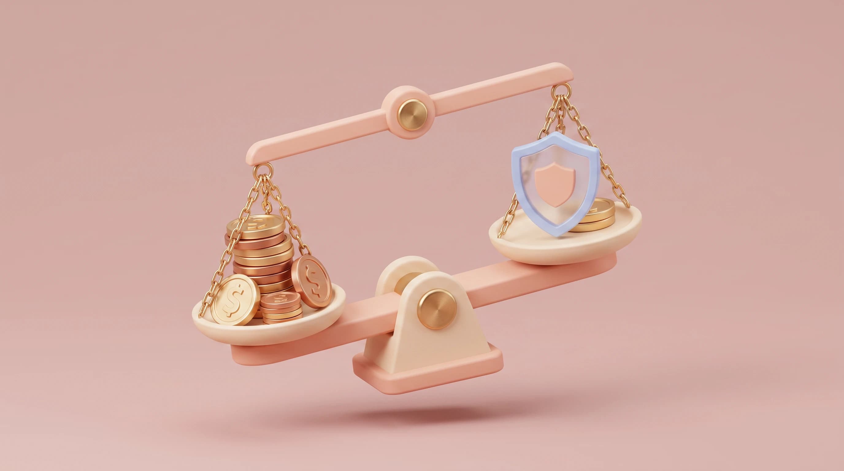 A balance scale holding a tall coin stack on one pan and a small safety shield with a single coin on the other, resting slightly uneven.