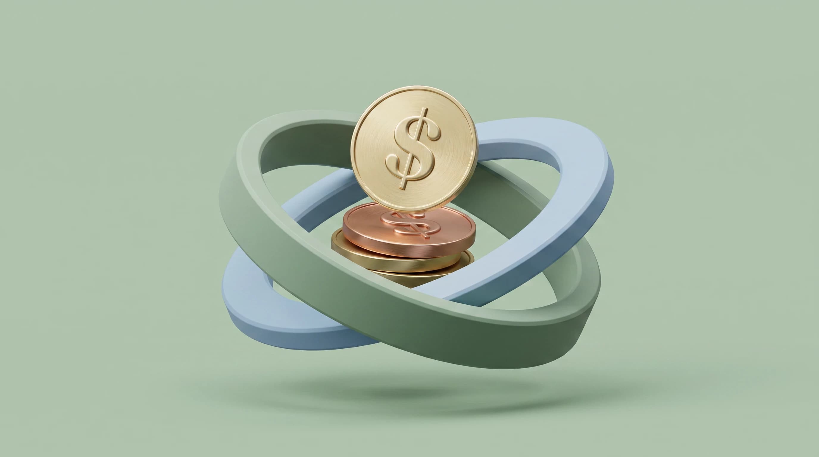 A coiled looping track ribbon circling once around a short stack of dollar coins, a single coin balancing on the loop's crest