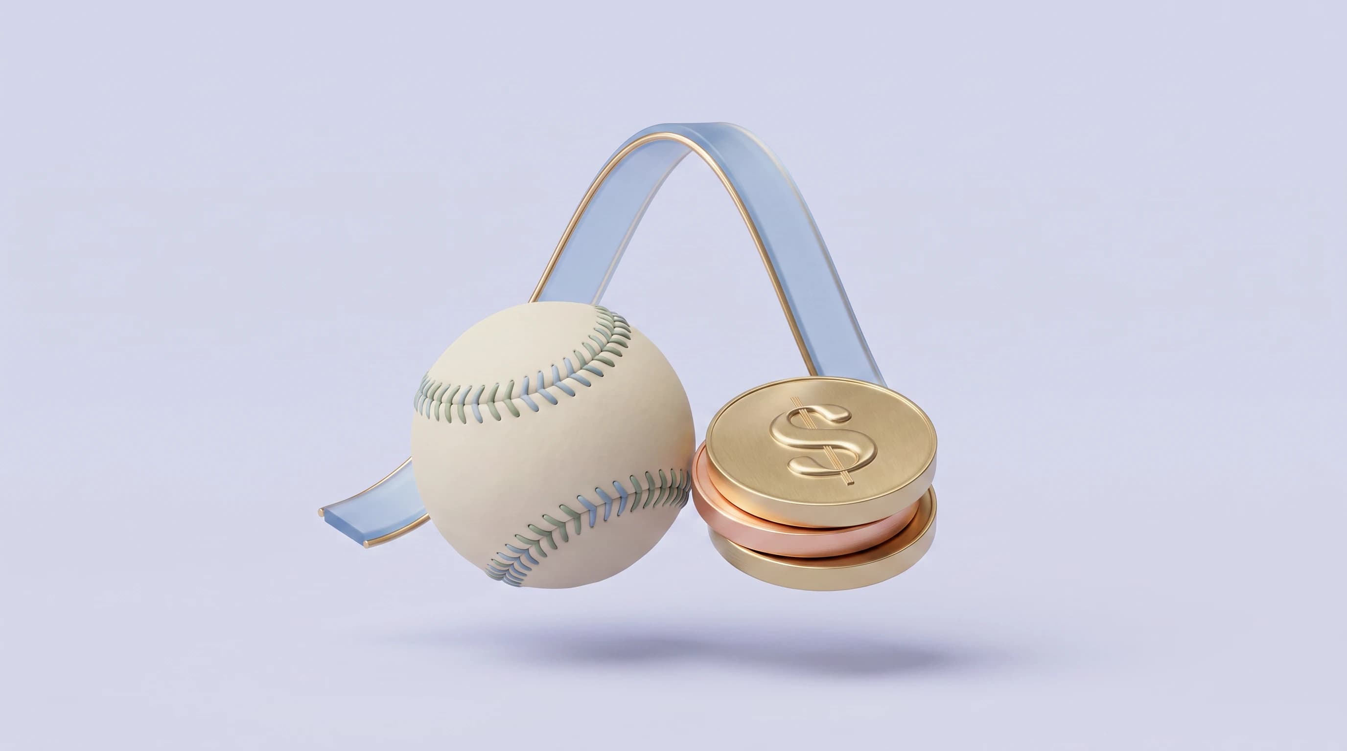 A baseball resting beside a short stack of dollar coins, a curved line-graph ribbon arcing over both to connect them in a triangular grouping