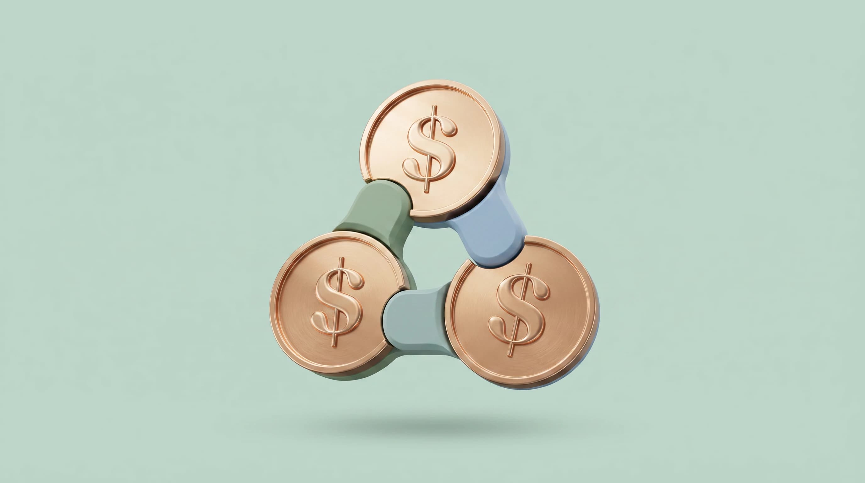 Three dollar coins linked together in a curved chain, one coin lifted slightly higher than the other two, arranged in a balanced triangular cluster floating in open space.