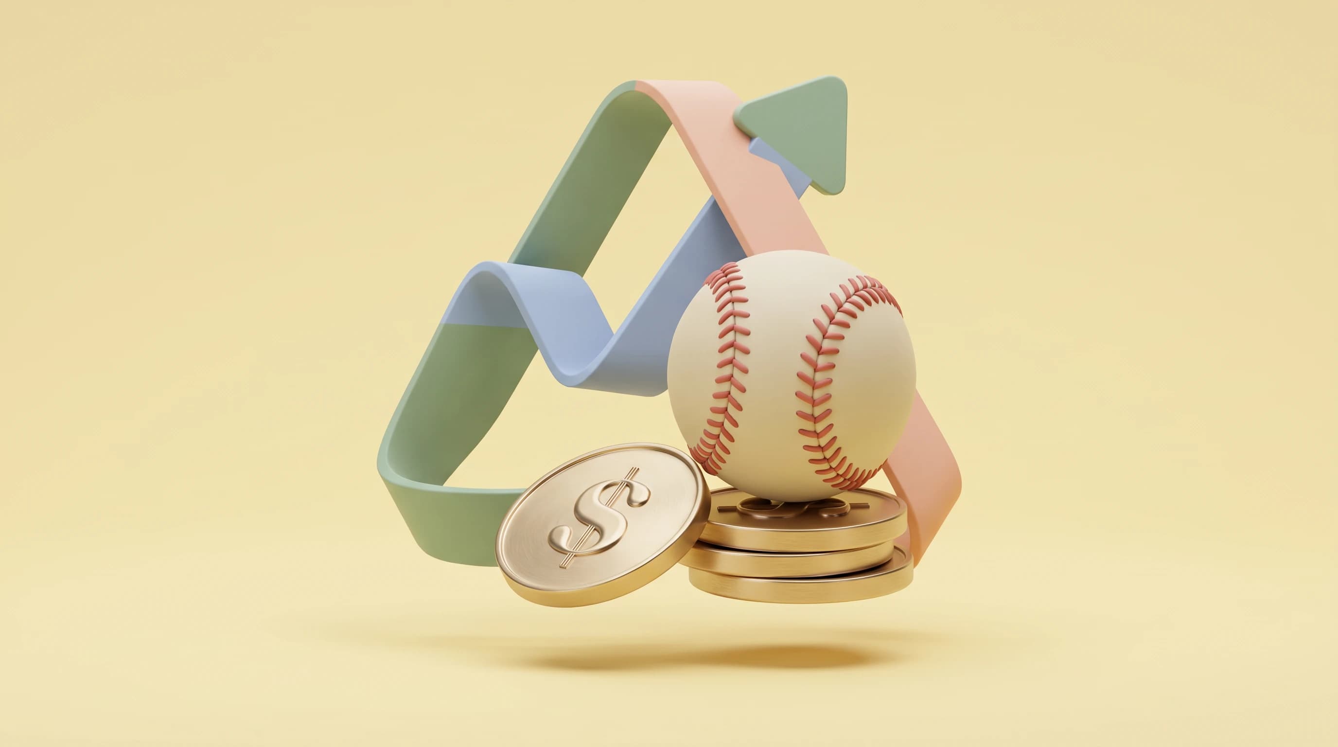 A baseball resting atop a short stack of dollar coins, a curling line-graph ribbon arcing up behind the group in a balanced triangular cluster