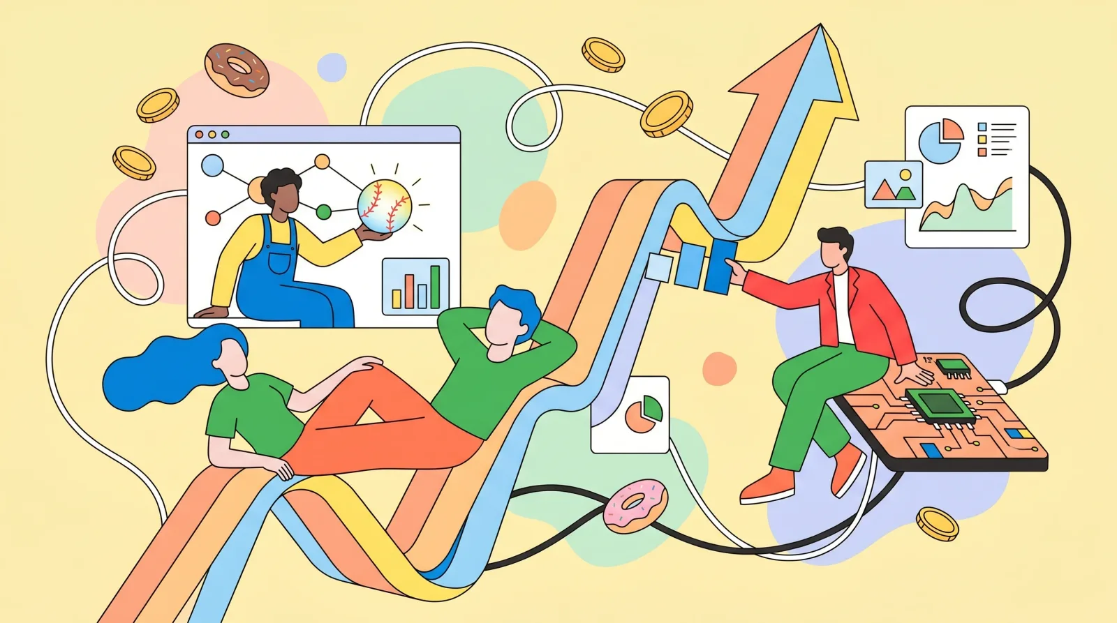 A figure reclines along a soaring central line-ribbon that steepens sharply upward, its climbing curve the sculpture's spine; another sits inside an open browser window feeding a glowing baseball into a node diagram, while a third perches on a floating circuit-board handing a bar-chart slice across a gap, donuts and coins drifting through looping wires over soft blobs.