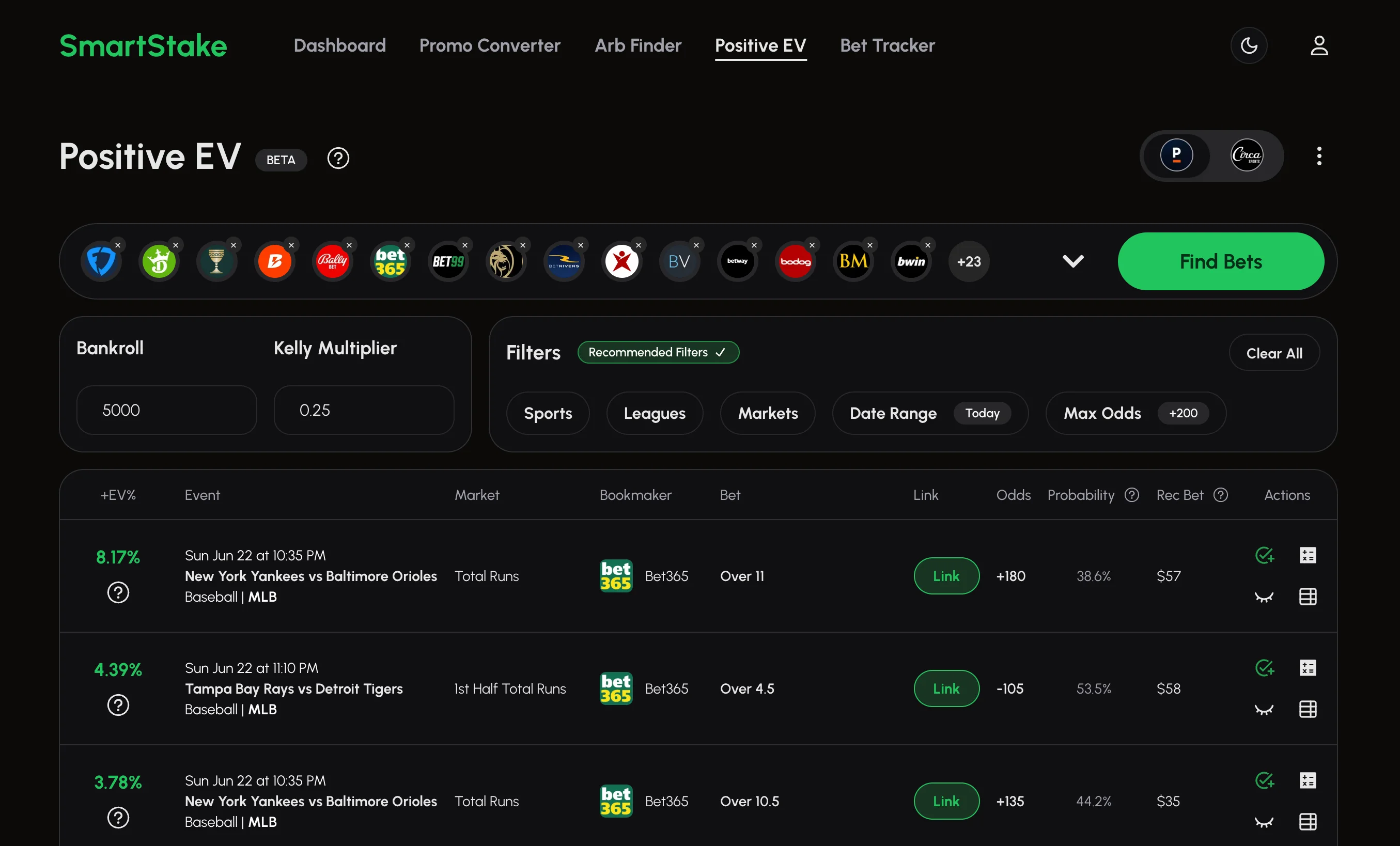 The SmartStake Positive EV tool dashboard showing a list of profitable bets.