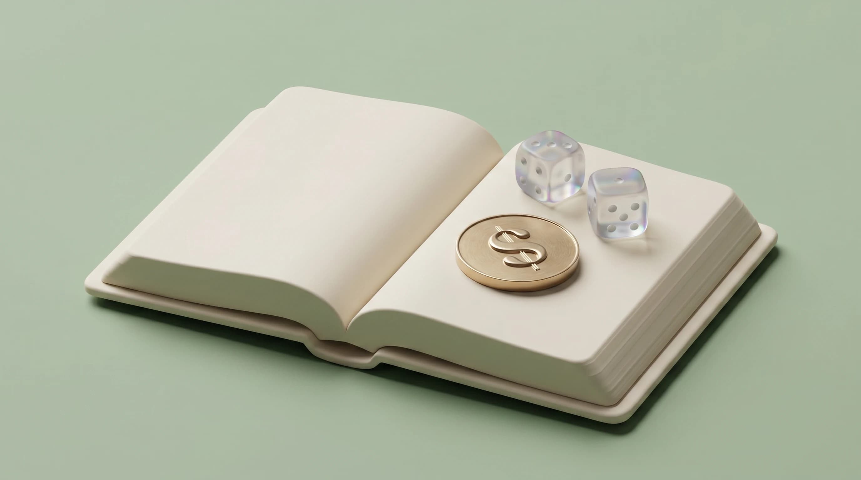 An open book lying flat with a single dollar coin and a pair of dice resting on its pages, arranged in a calm triangular cluster