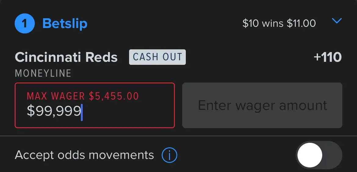 fanduel betslip with max bet amount
