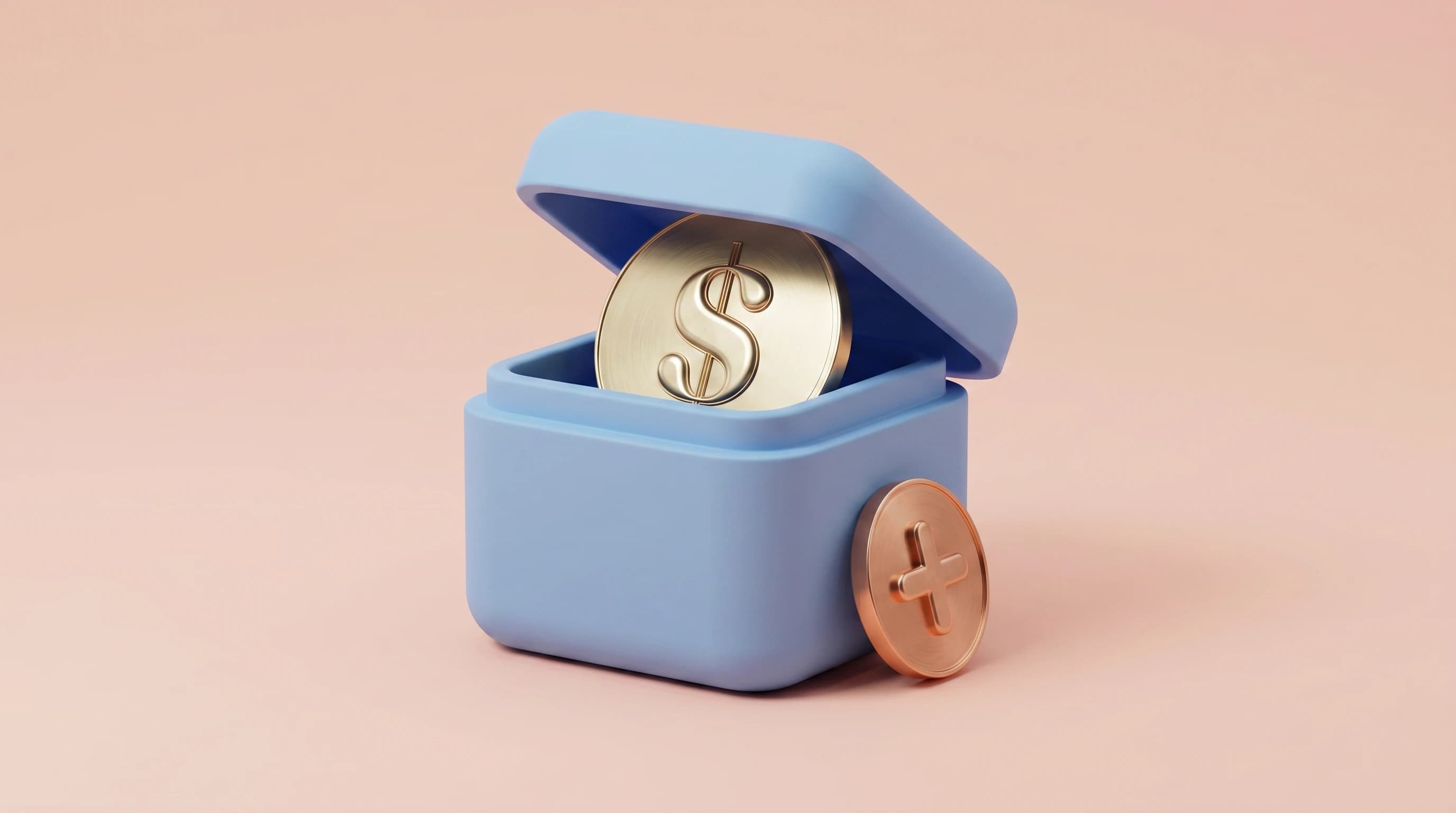 A rounded gift box with its lid lifting, a single dollar coin rising out from inside, a smaller plus-marked coin tucked beside the base