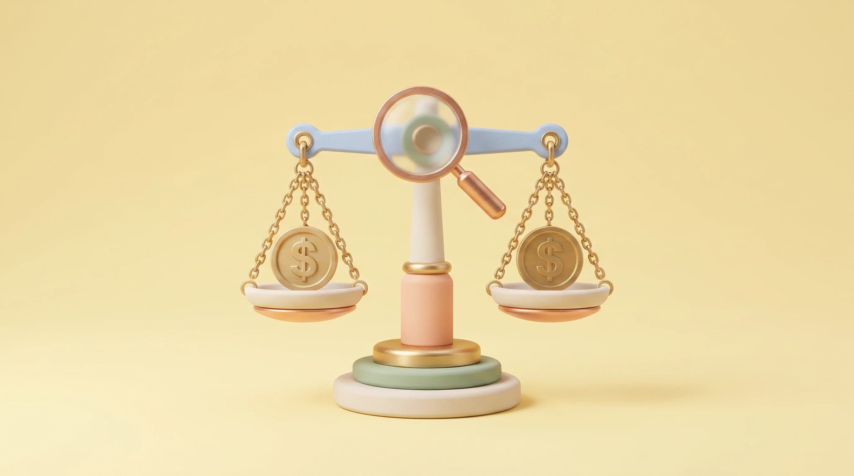 A balance scale holding one dollar coin on each pan, the pans resting perfectly level, a small magnifying glass tilted above the central beam