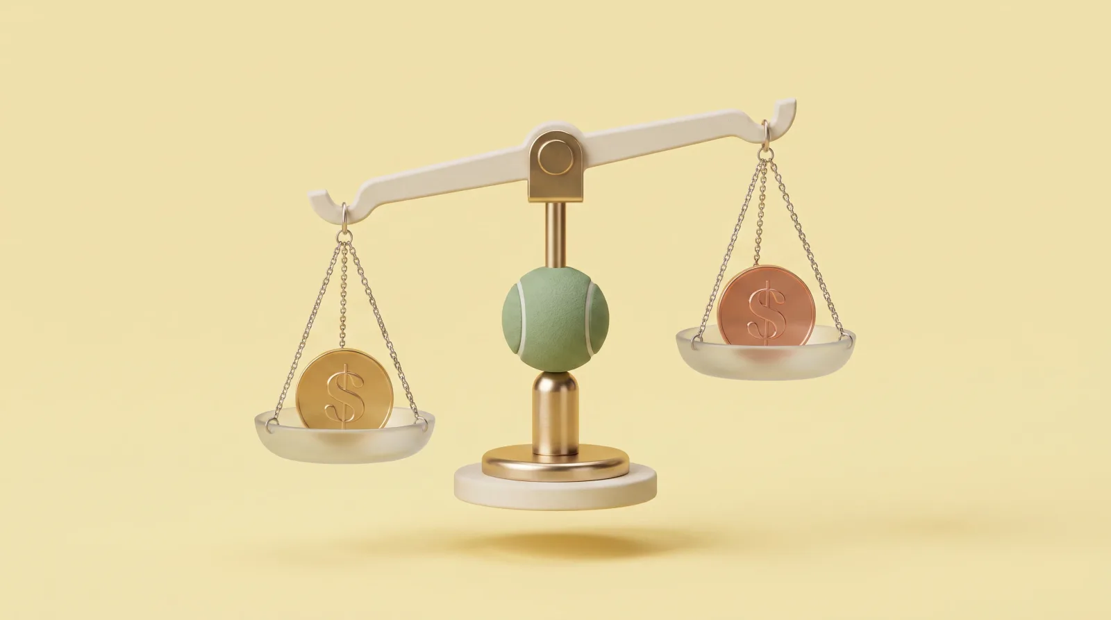 A tennis ball resting between two facing coins on a small balance scale, the two pans tilting a hair out of level
