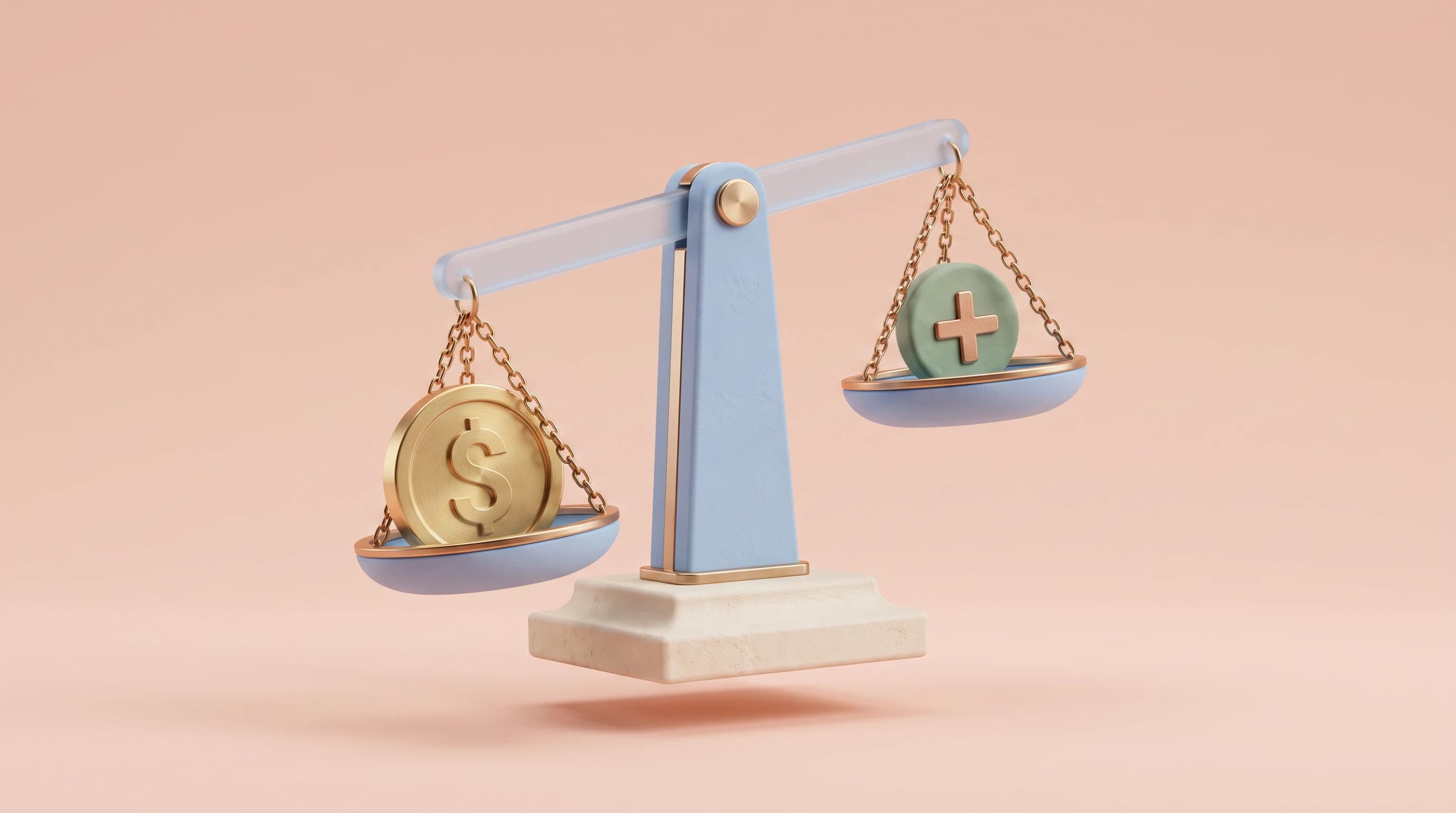 A balance scale slightly tilted with one weighted coin on the heavier pan and a small numbered plus-marked chip resting on the lighter pan