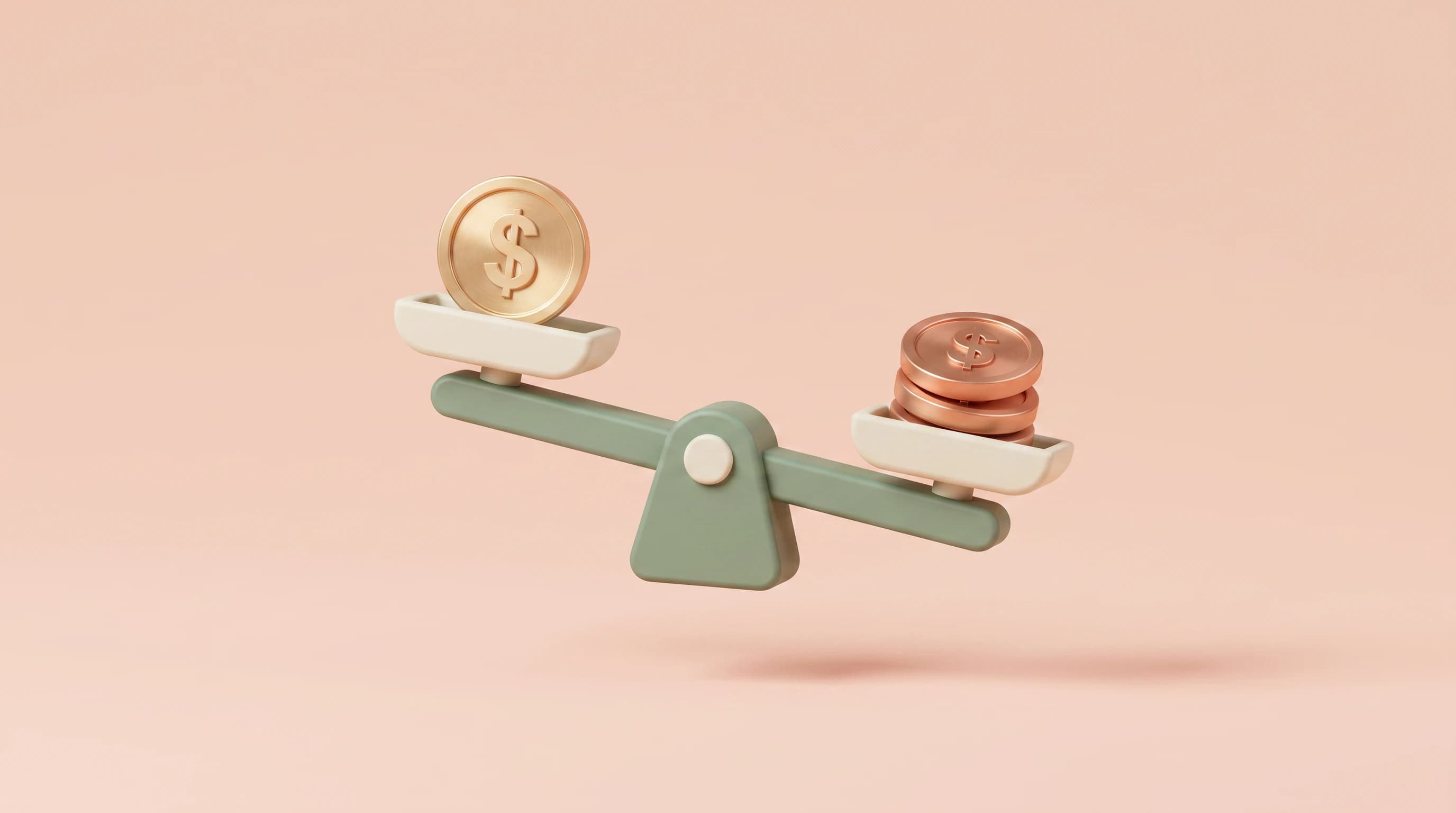 A horizontal balance scale with a coin on the upper pan and a small stack of coins on the lower pan, tilting gently