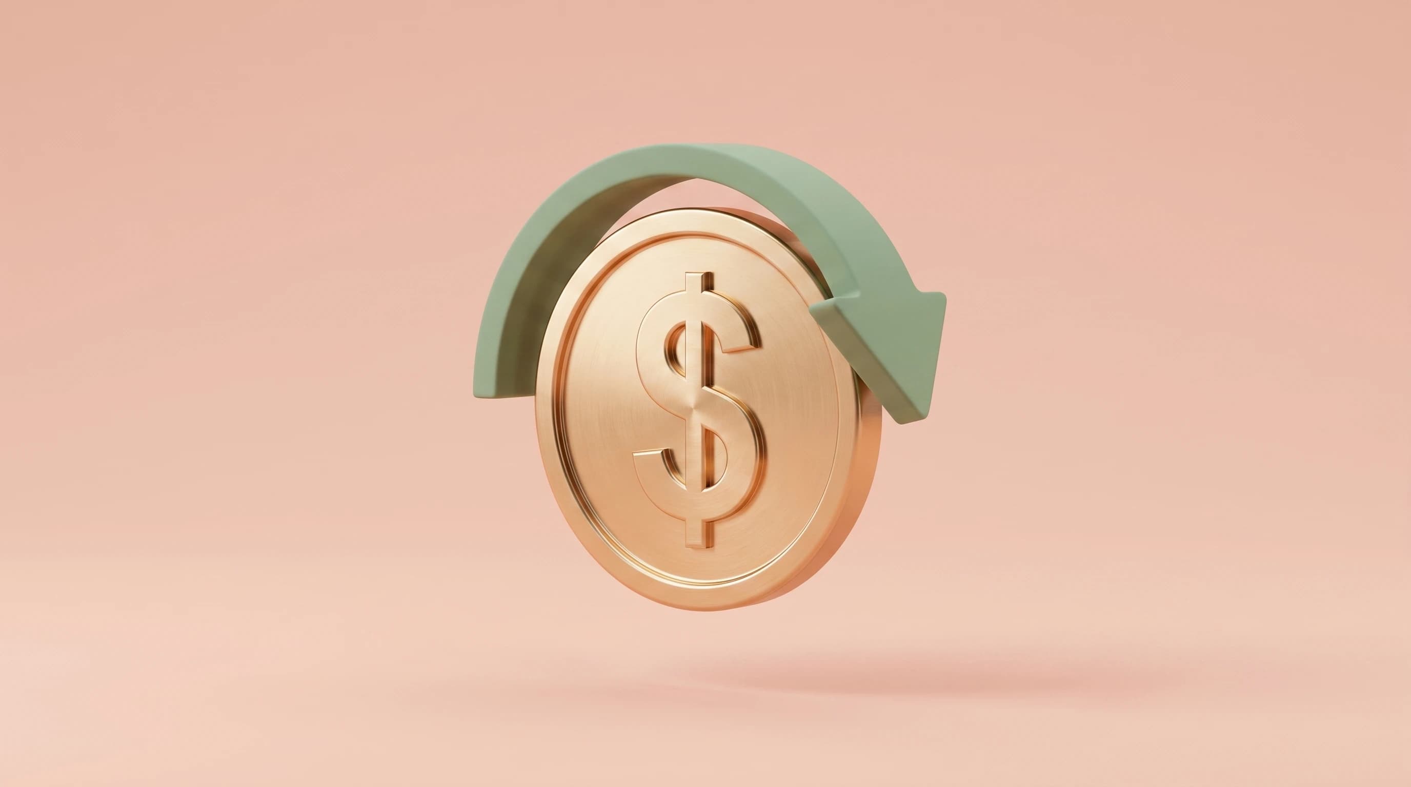 A single dollar coin standing upright on its edge with a small upward arrow curving over its top, floating in open space