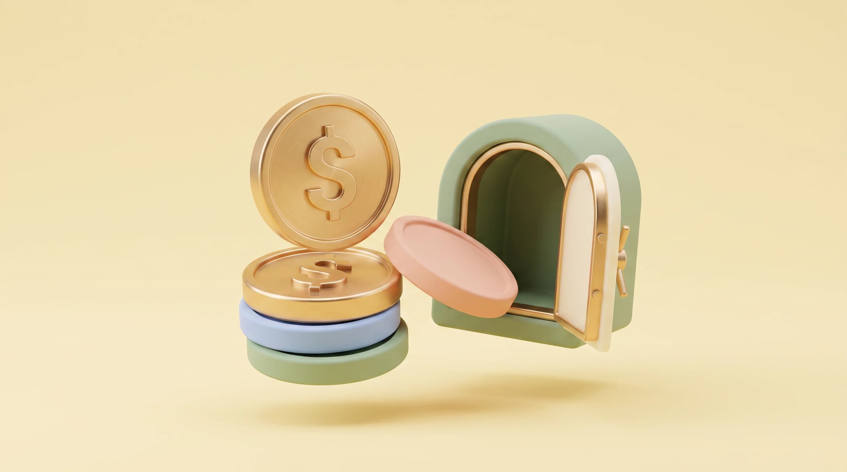 A coin balanced perfectly upright on its edge atop a short stack of coins, one loose coin sliding back toward an open hand-sized vault