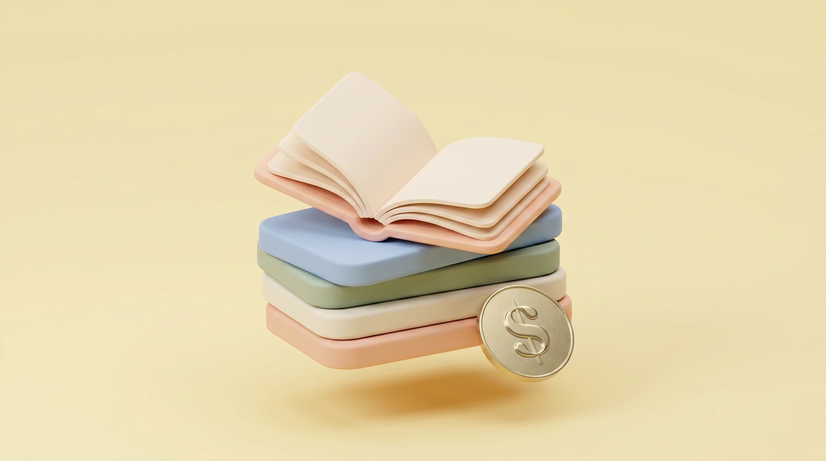 A short stack of rounded ledger cards with a small open book resting on top, one dollar coin tucked beside the base
